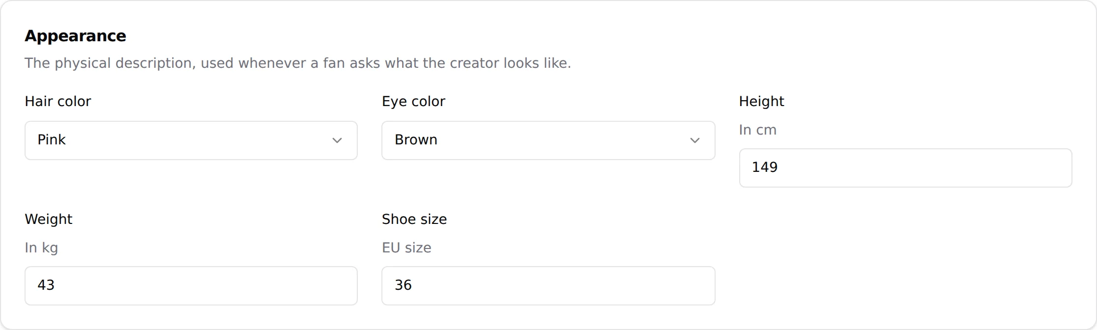Appearance section: Hair color, Eye color, Height, Weight, Shoe size