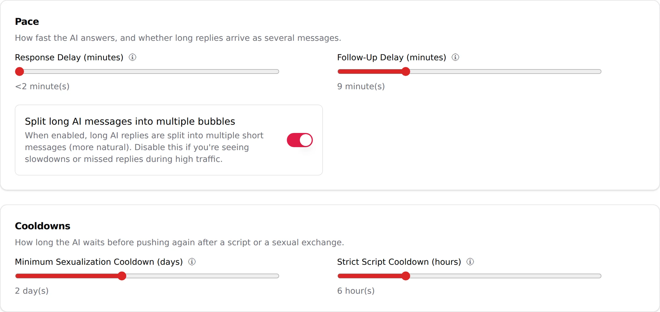 Behavior sub-tab of Settings with the Pace and Cooldowns cards