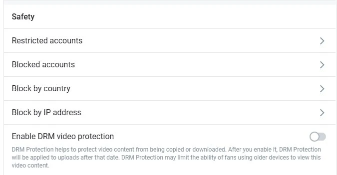 Réglages OnlyFans, bloc Safety, avec l'interrupteur Enable DRM video protection désactivé