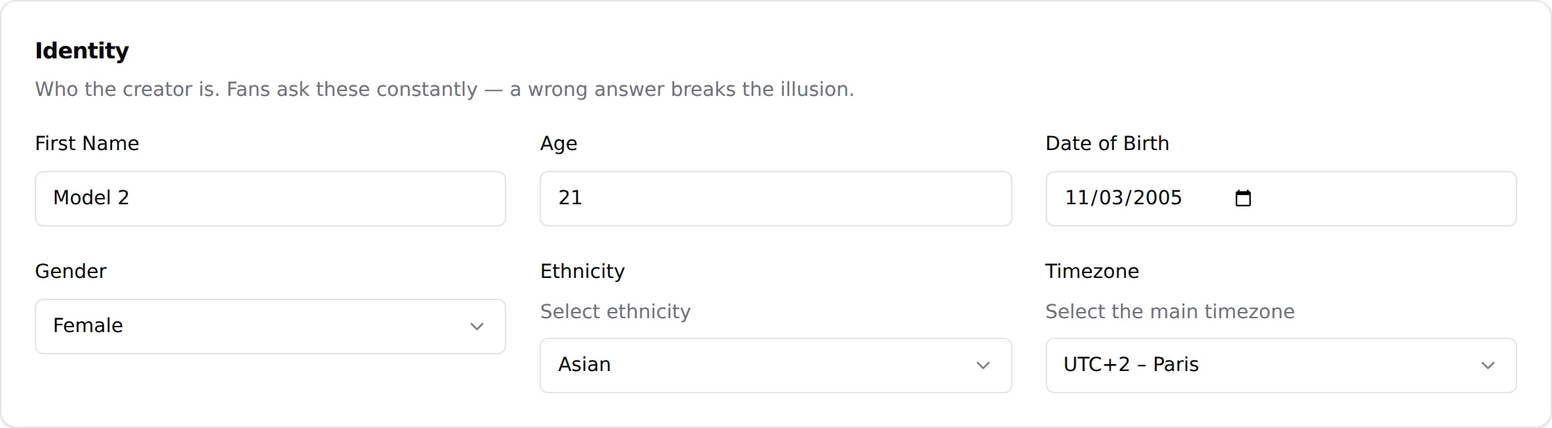 Identity section: First Name, Age, Date of Birth, Gender, Ethnicity, Timezone