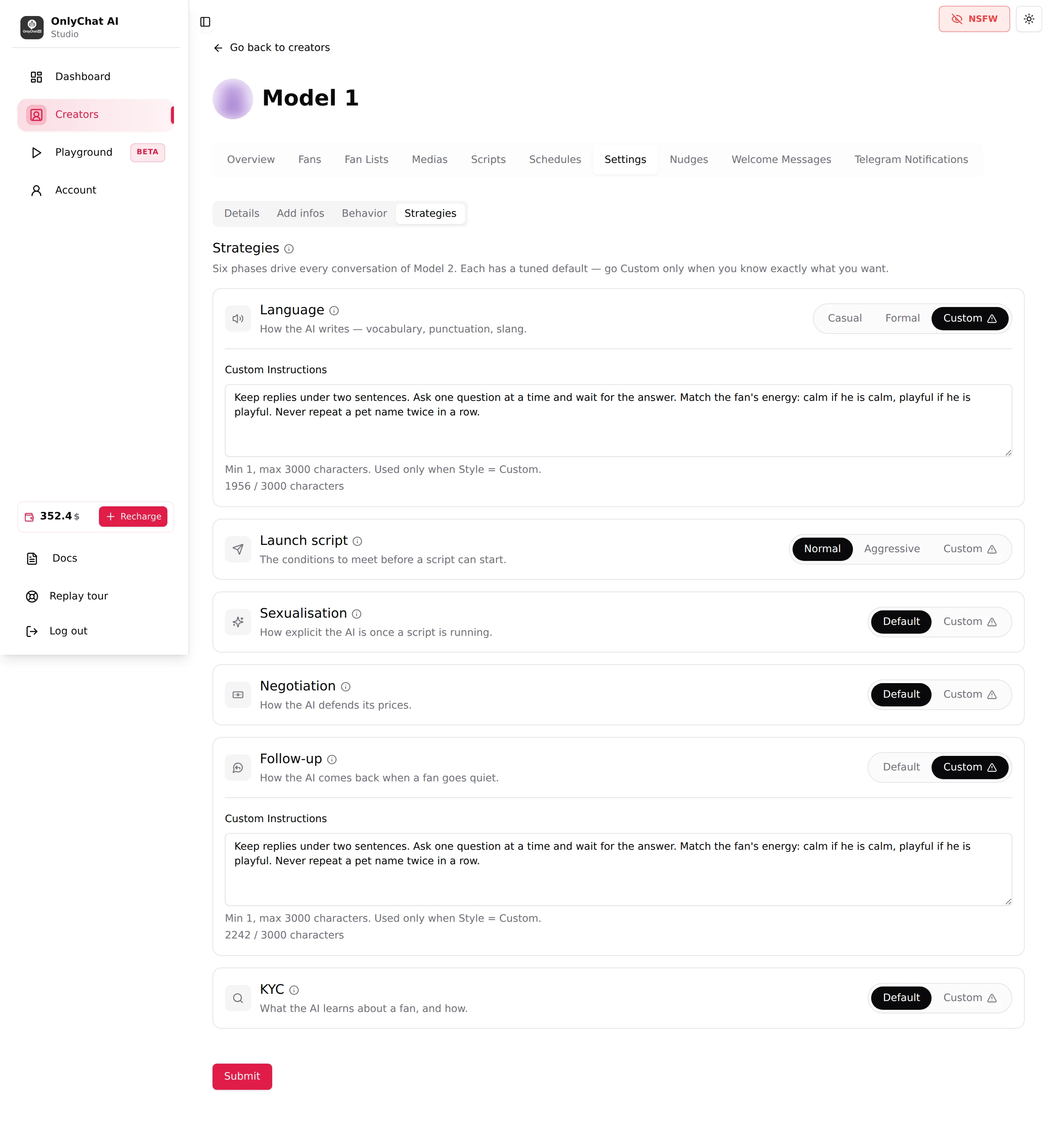 The Strategies sub-tab with the six phase cards, two of them set to Custom