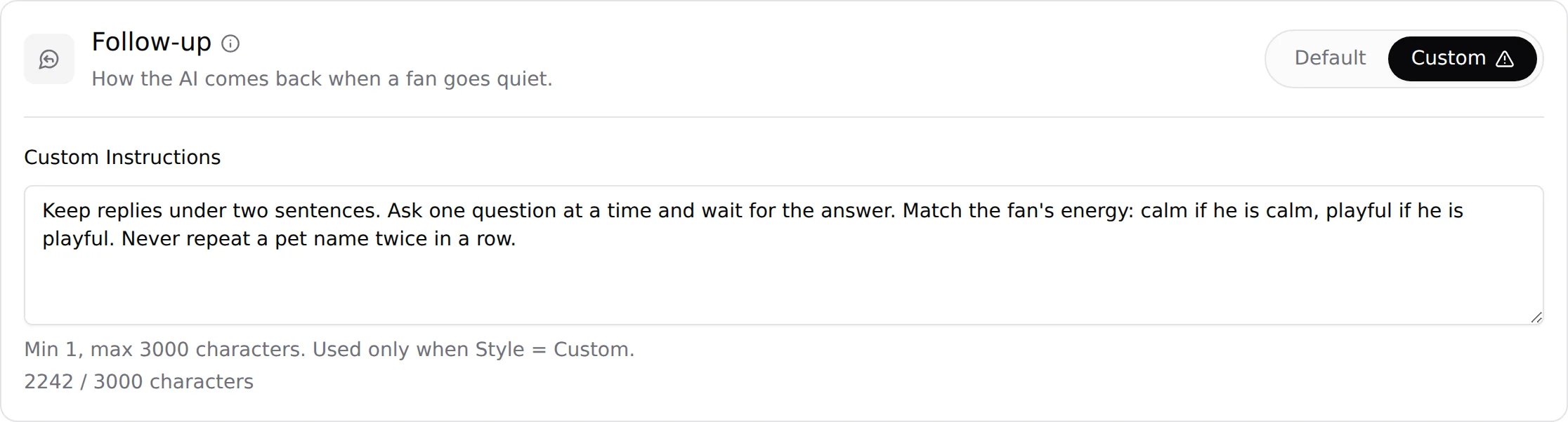 The Follow-up card set to Custom with its Custom Instructions field