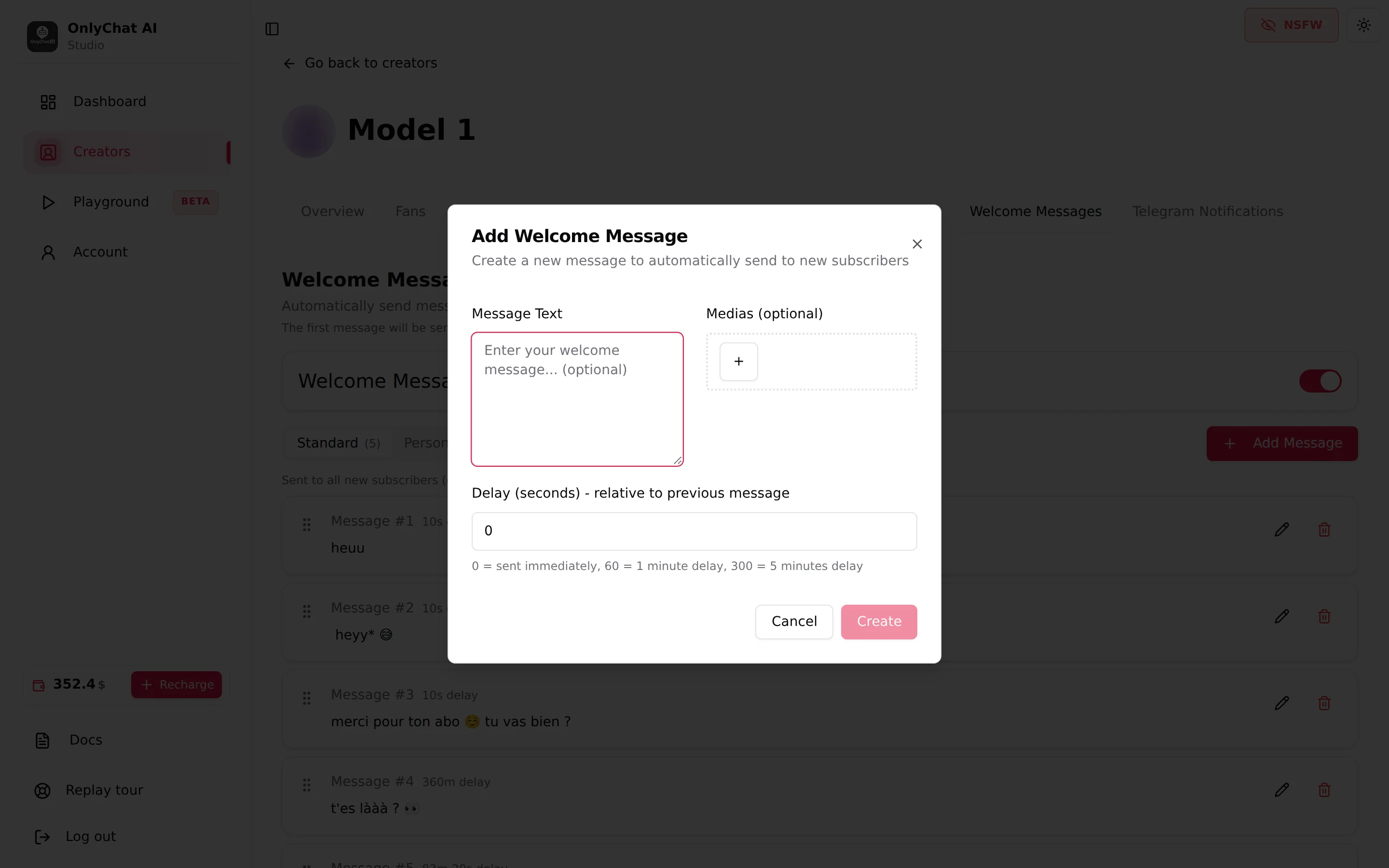 Add Welcome Message modal with the Message Text field, the Medias picker and the Delay field