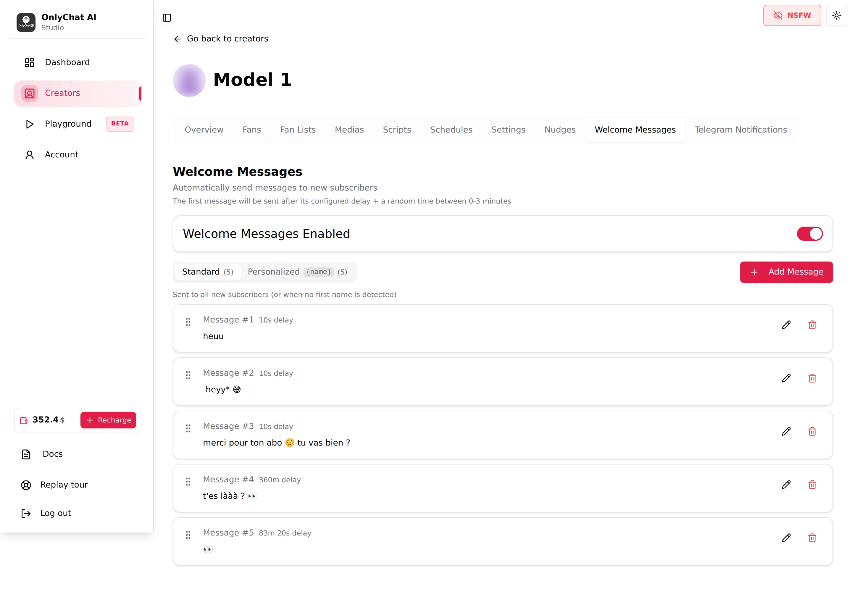 Welcome Messages tab with the enabled switch, the Standard and Personalized sequence tabs and Add Message