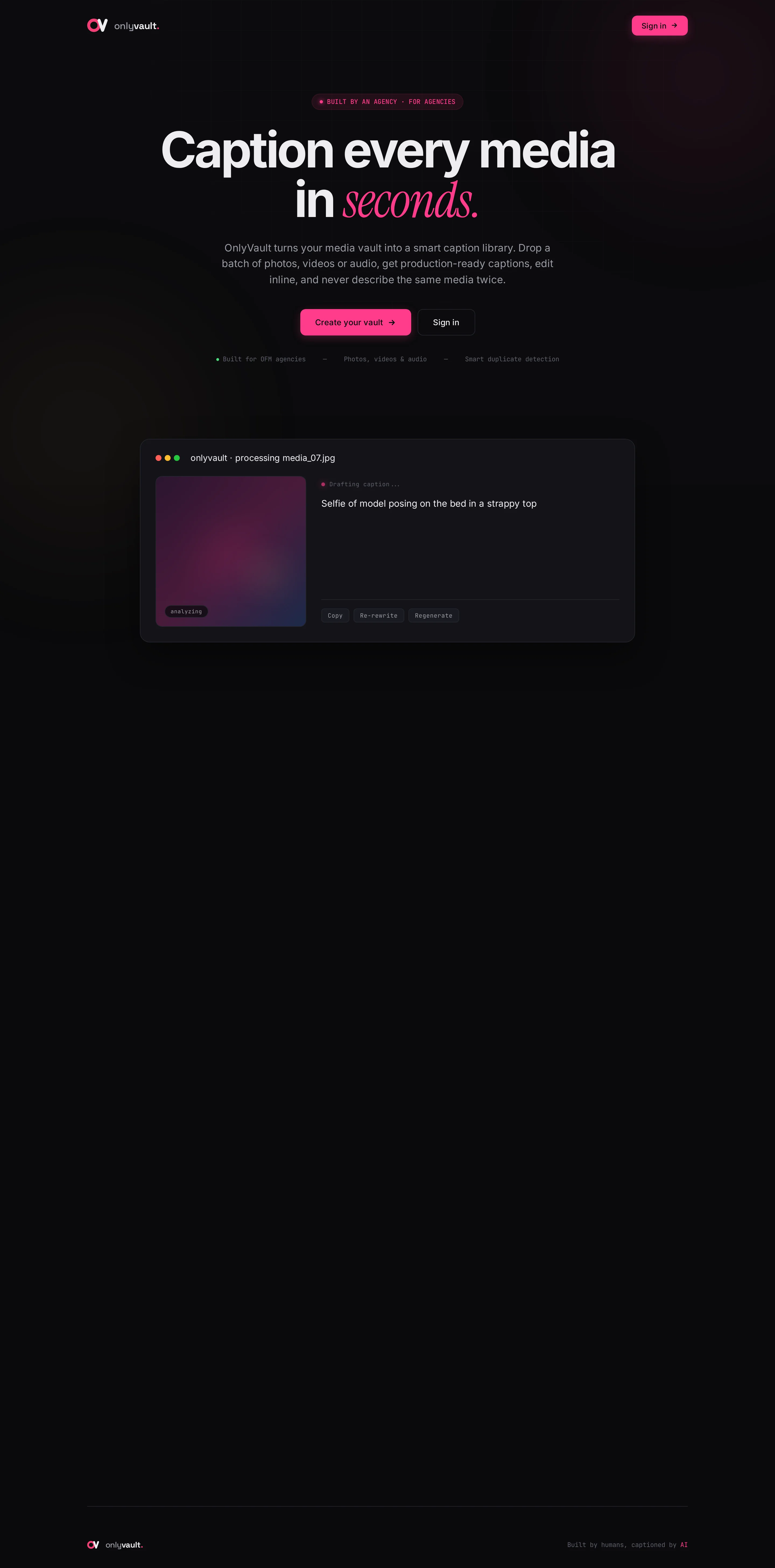 OnlyVault landing page with the Create your vault button