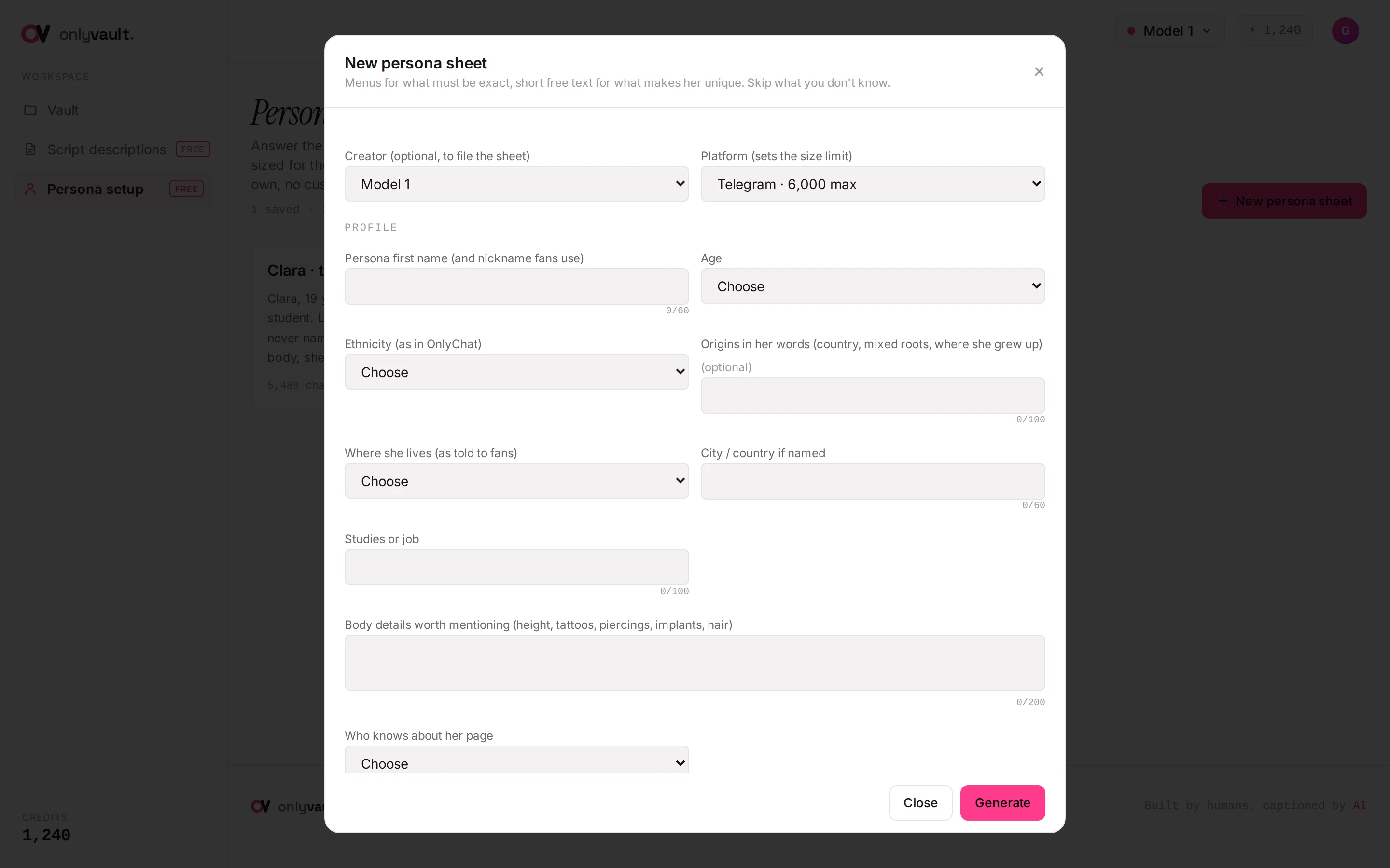New persona sheet modal in OnlyVault showing the Profile section