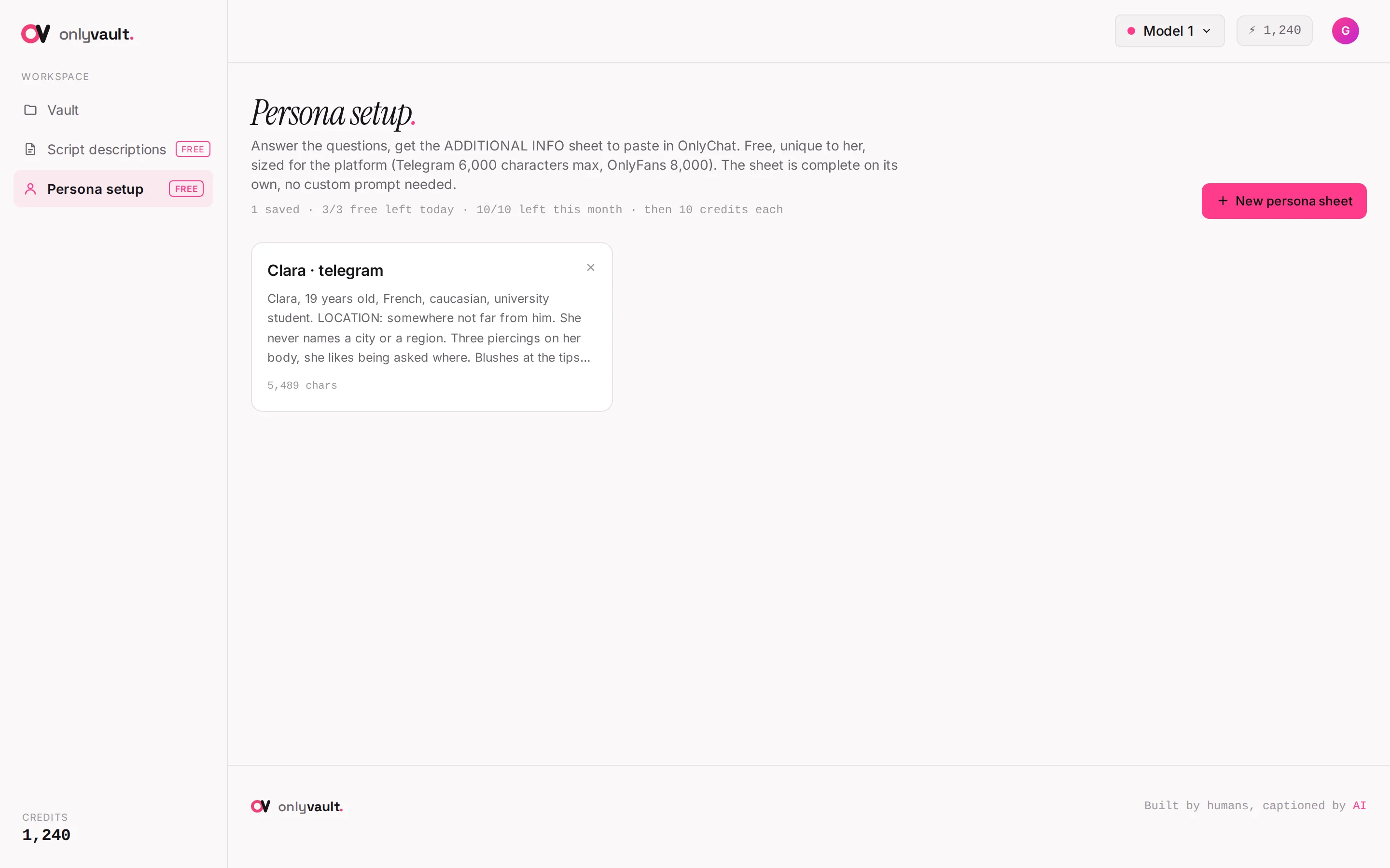 Persona setup page in OnlyVault with one saved sheet and the New persona sheet button