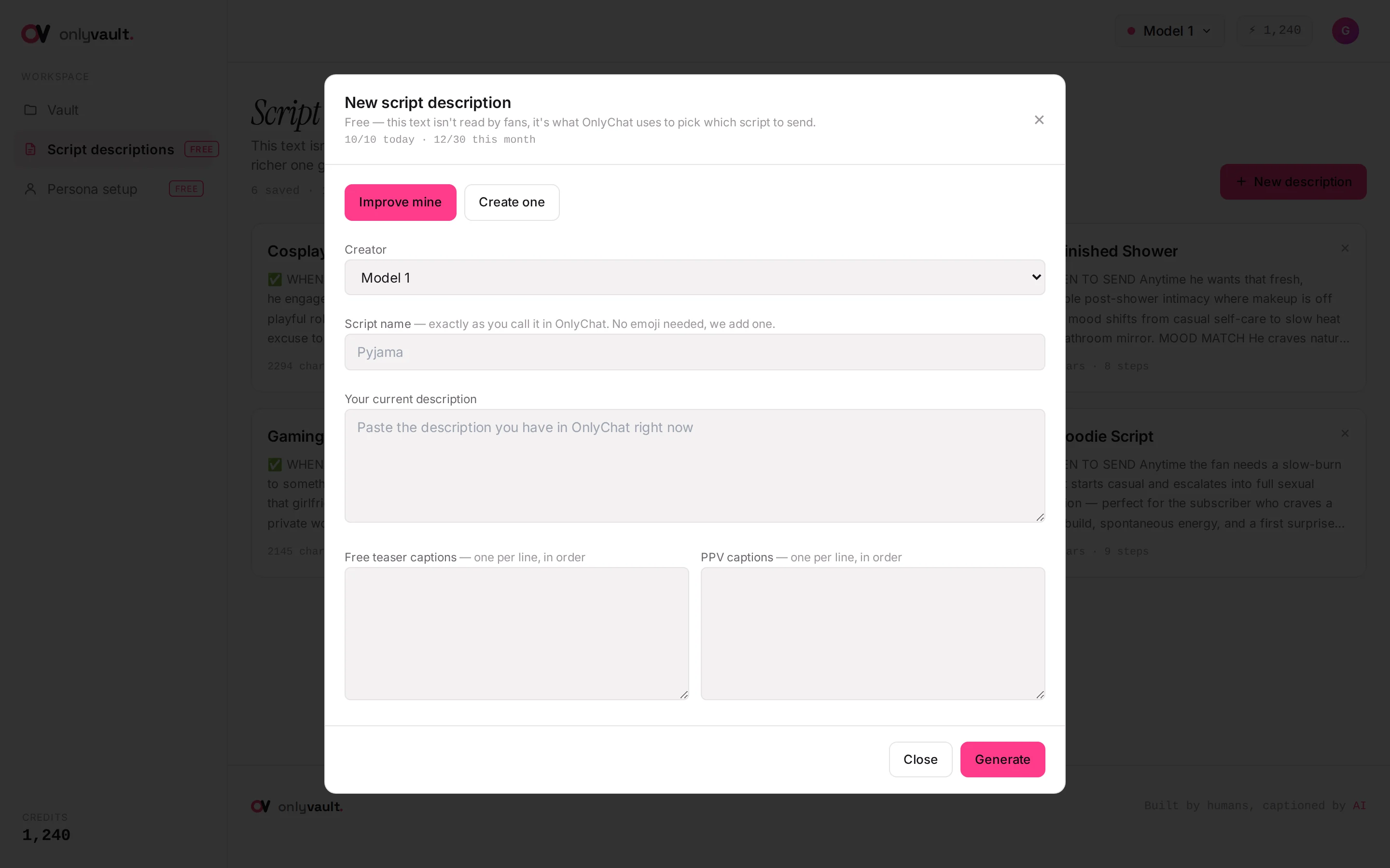 New script description modal in OnlyVault in Improve mine mode