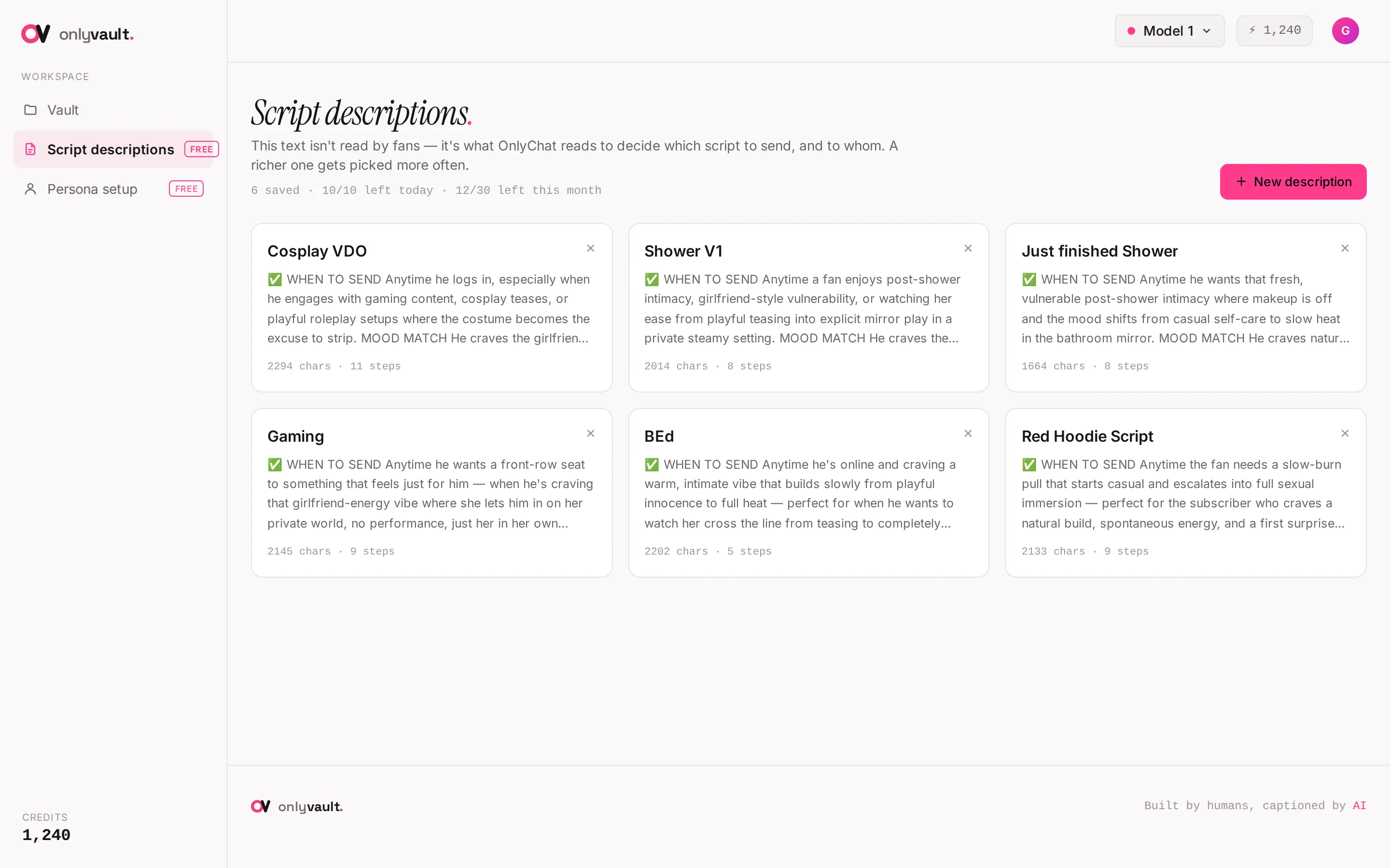 The Script descriptions page in OnlyVault with the library and the New description button