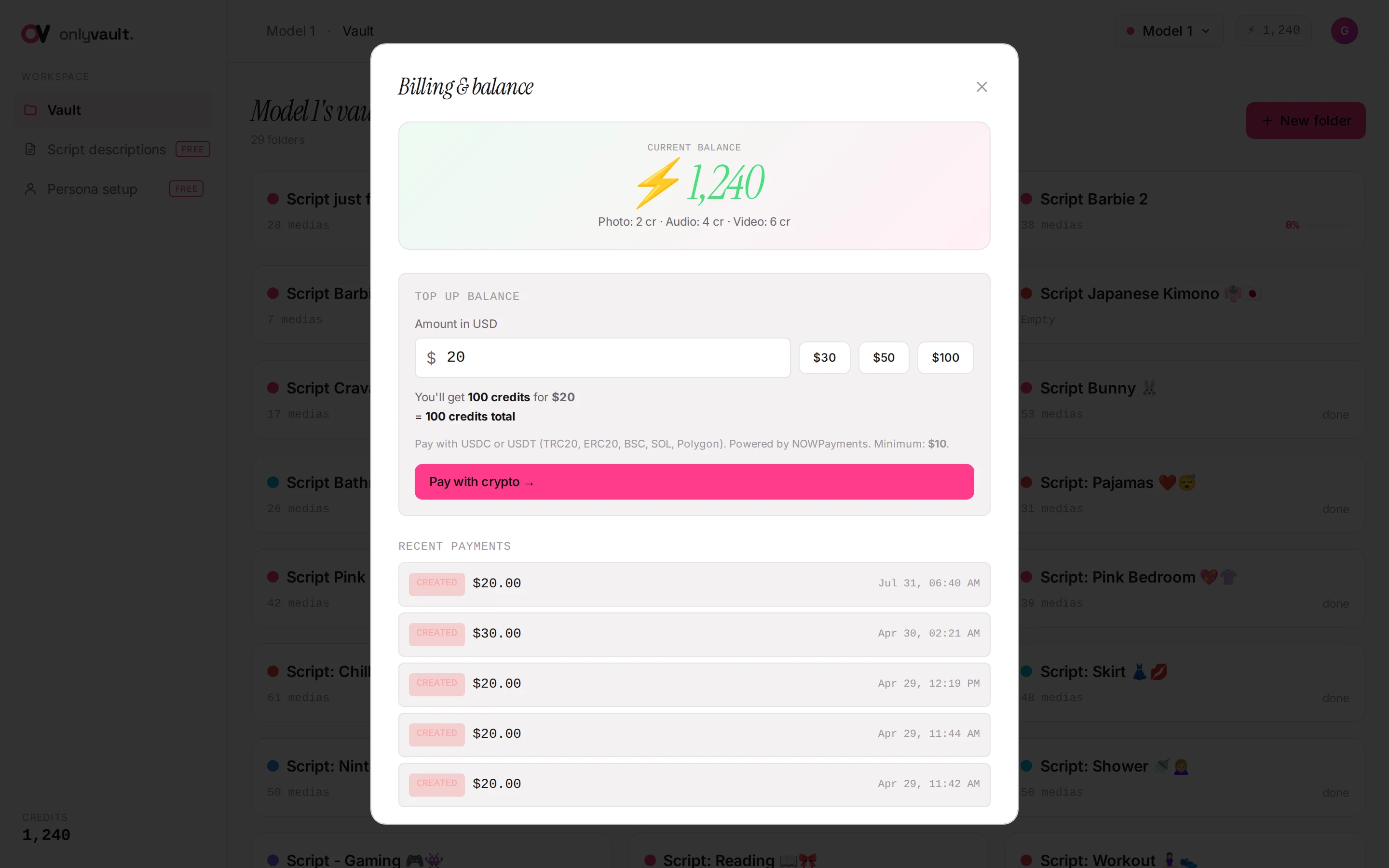 Billing & balance modal in OnlyVault with the current balance, the amount field and the Pay with crypto button