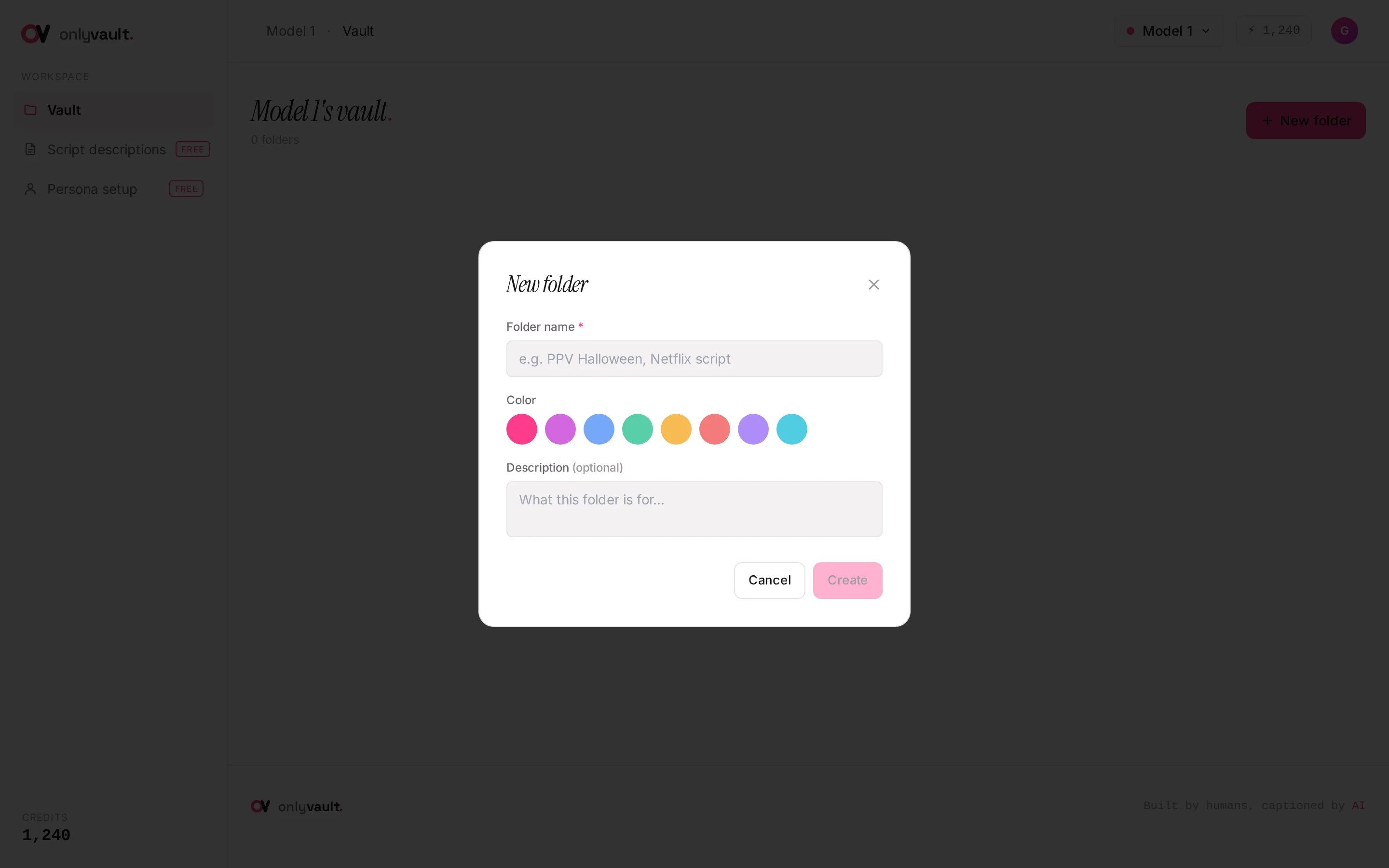 New folder modal in OnlyVault with name, color and description