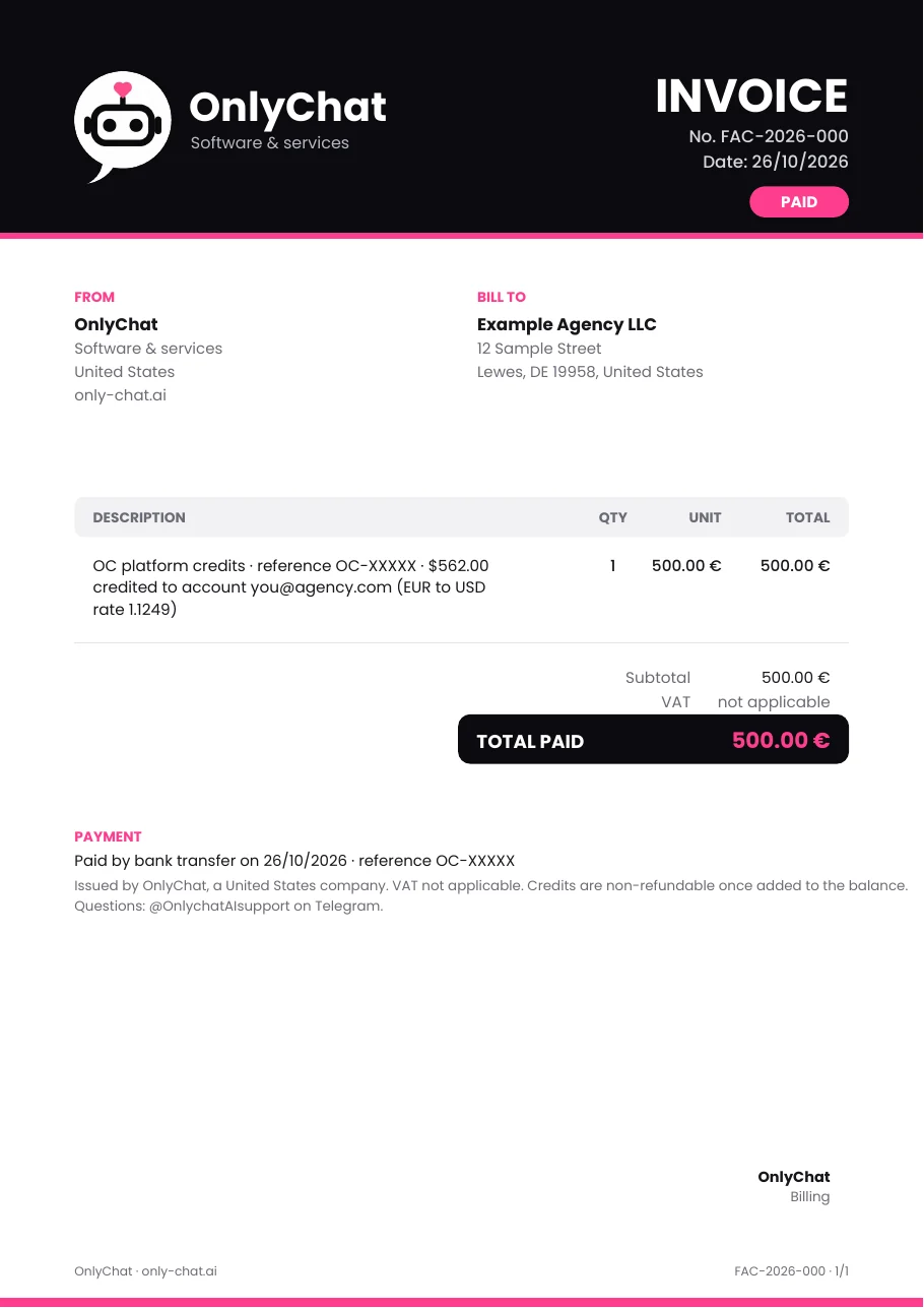 Un exemple de facture du bot de paiement : émetteur, bloc destinataire, une ligne OC platform credits avec la référence, le montant en euros, les dollars crédités et le taux, et la ligne de paiement