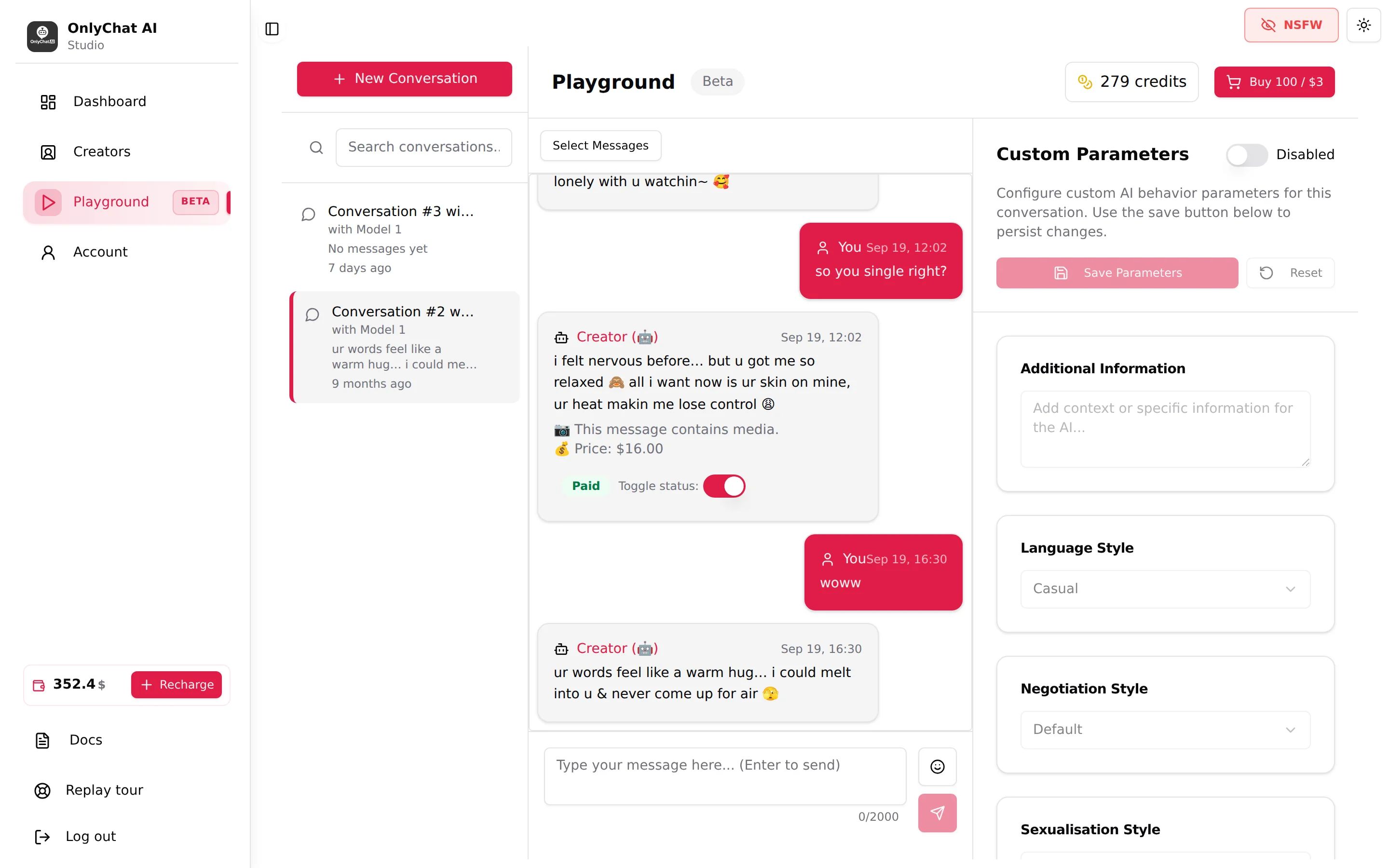 An open Playground conversation with the Custom Parameters panel