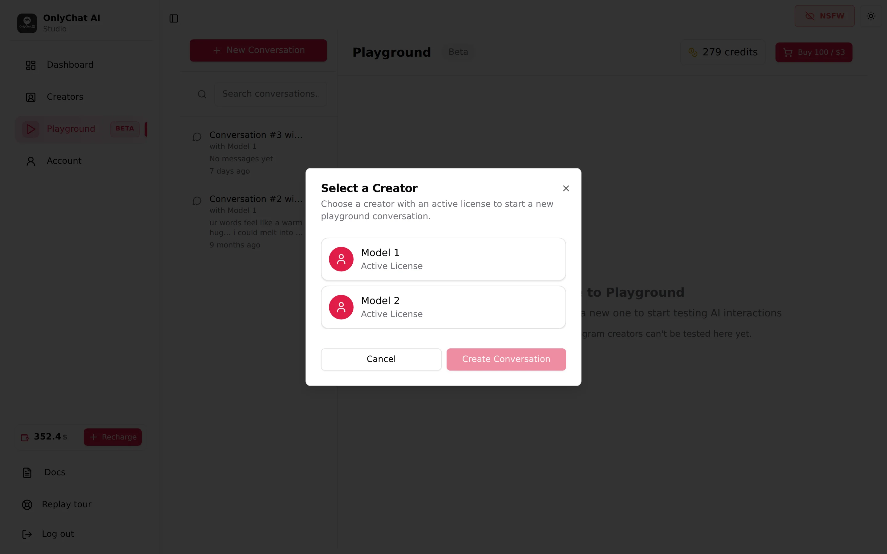 The Select a Creator dialog for a new Playground conversation