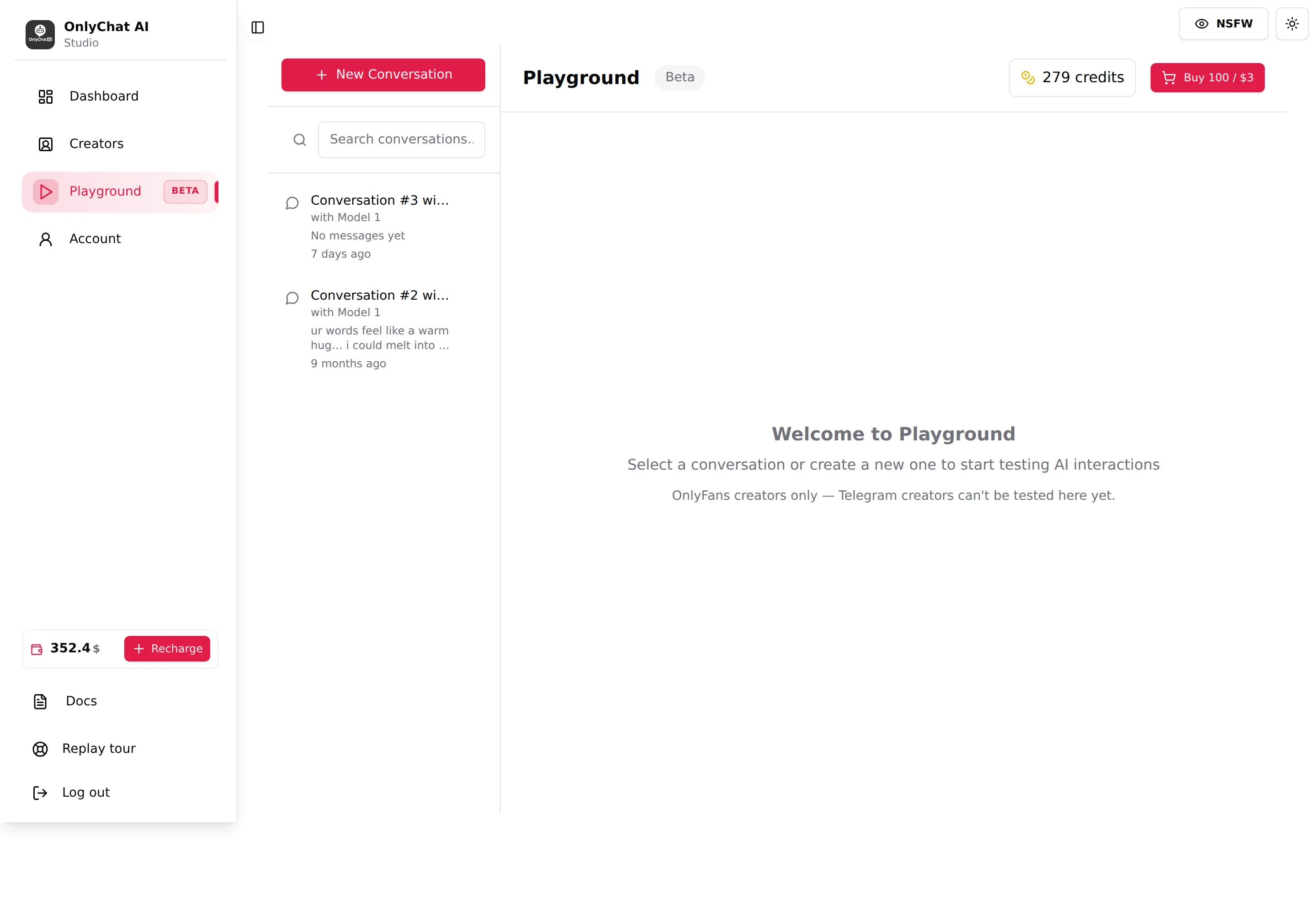 The Playground page with the conversation list and the welcome empty state