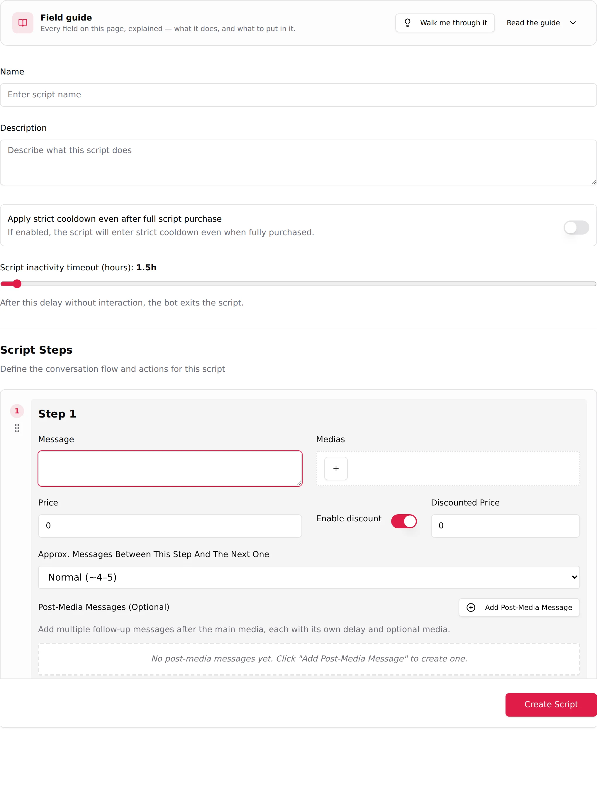 Top of the New Script page with the Name and Description fields above the two timers