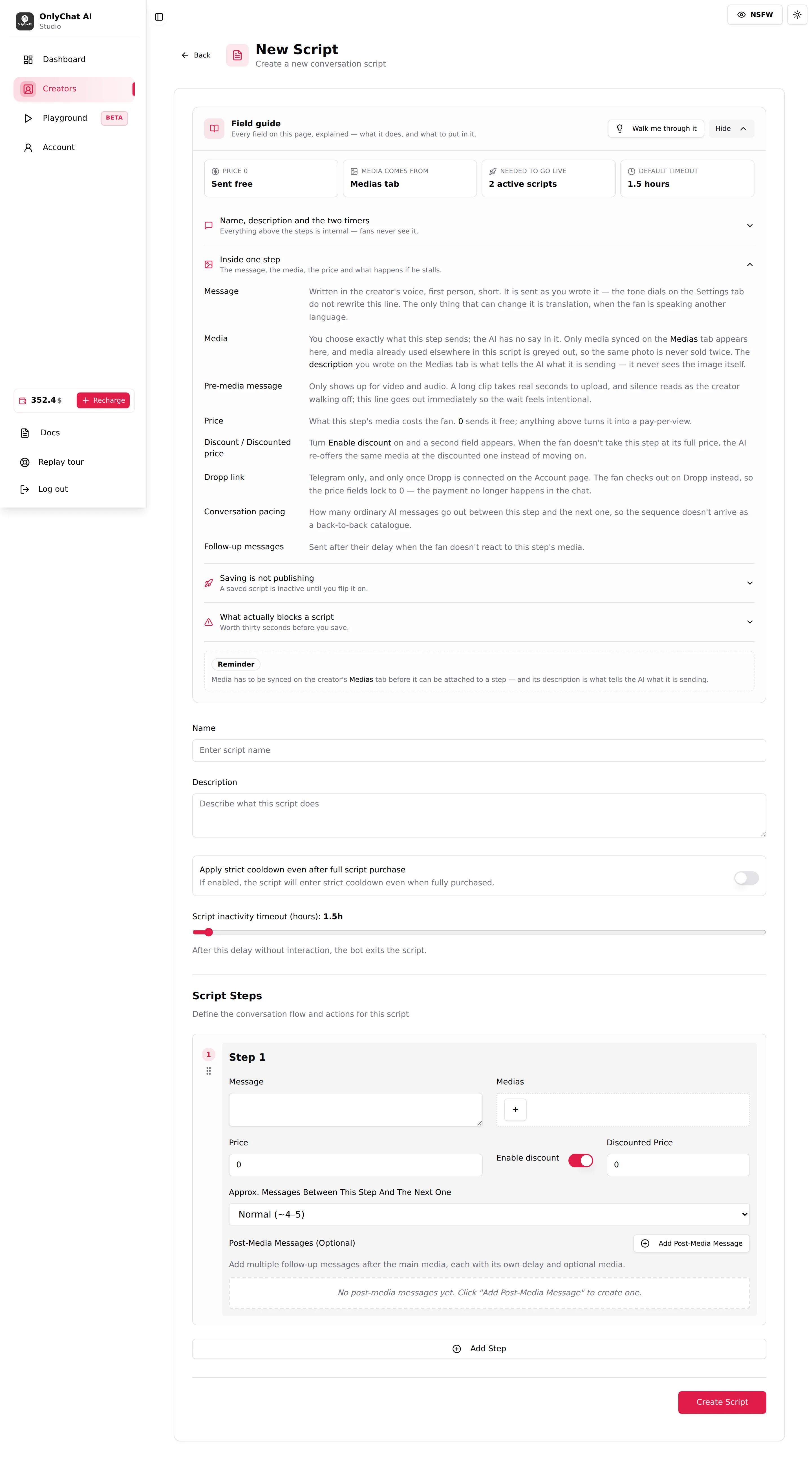 New Script page with the Field guide expanded: quick facts, the four sections and the reminder about media