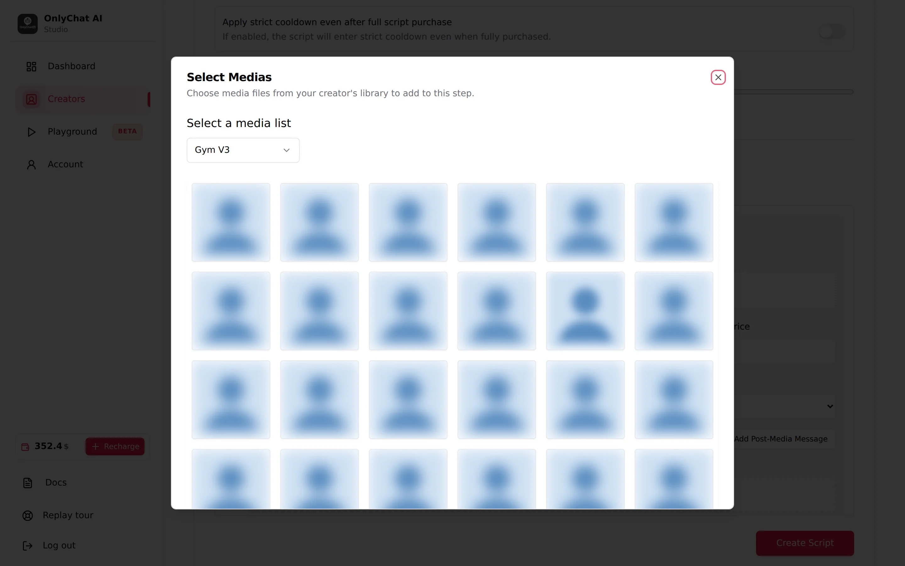 The Select Medias modal on an OnlyFans creator showing the media list selector and a grid of blurred thumbnails