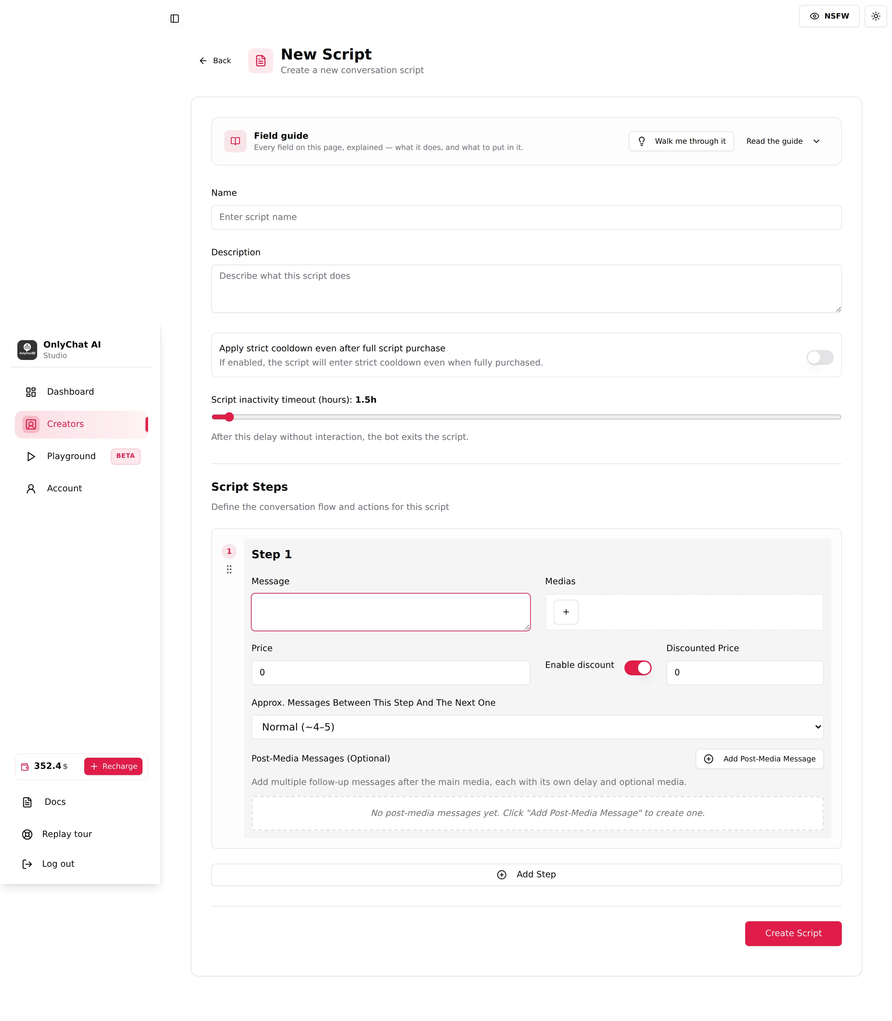 Top of the New Script page with the Back arrow, the Field guide card, the Name and Description fields and the two timers