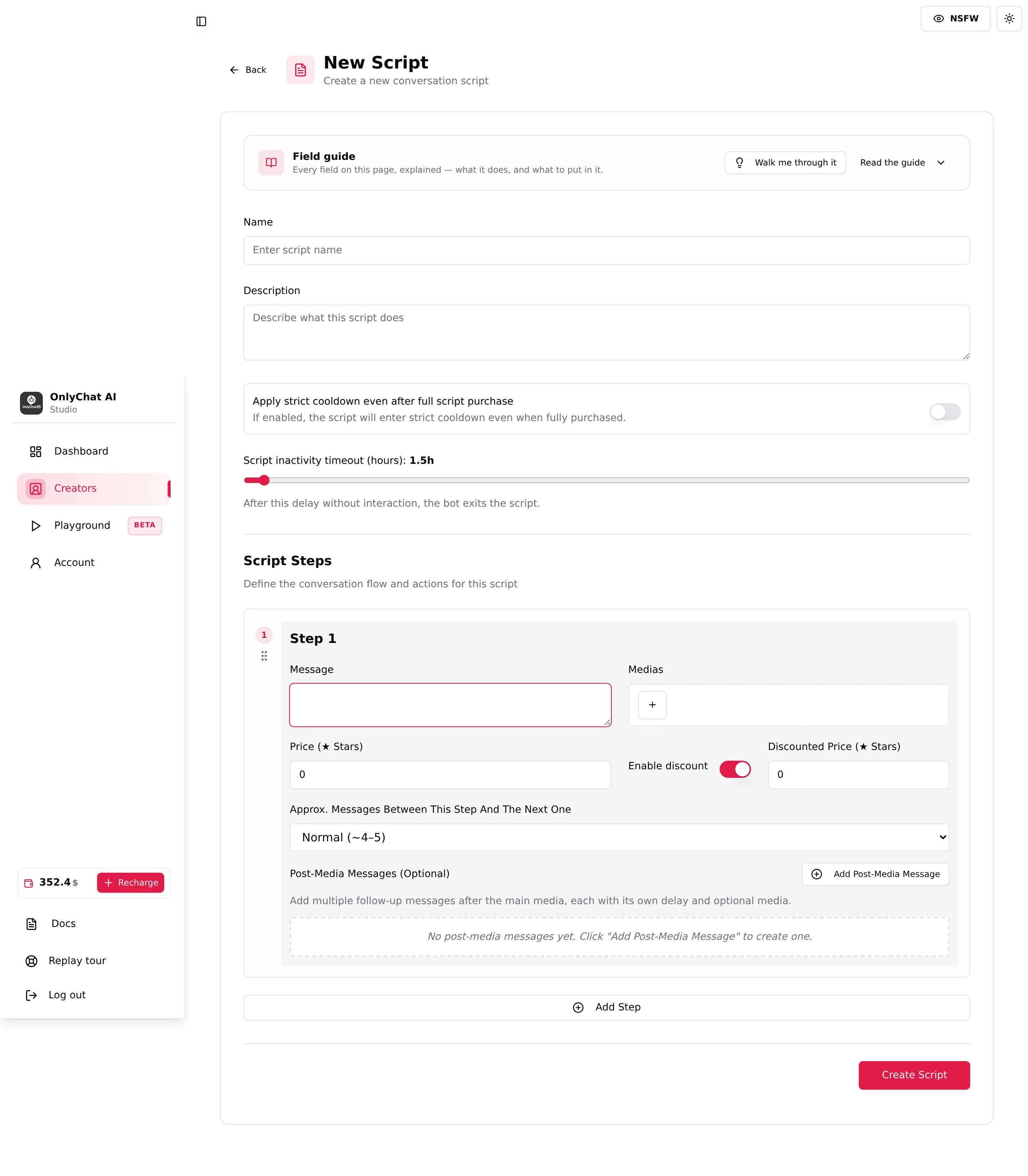 Top of the New Script page for a Telegram creator