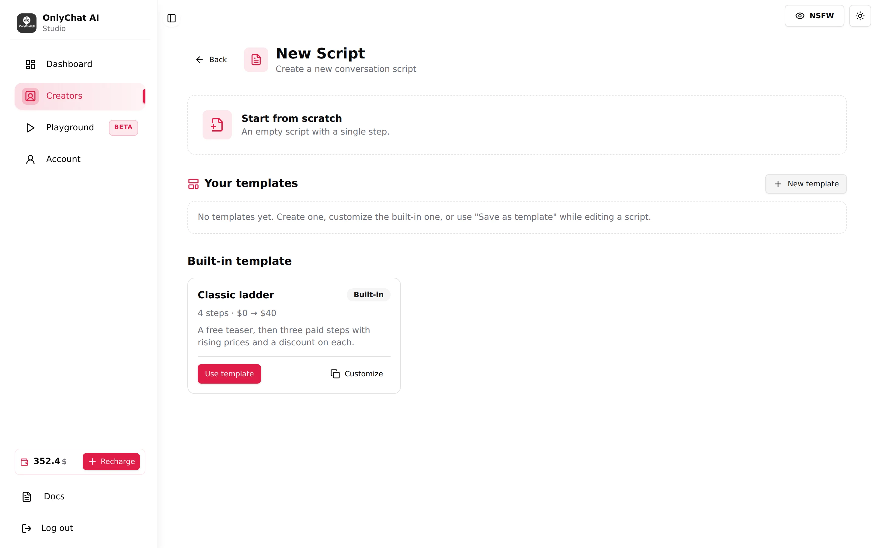 The New Script screen with Start from scratch, Your templates and the built-in Classic ladder