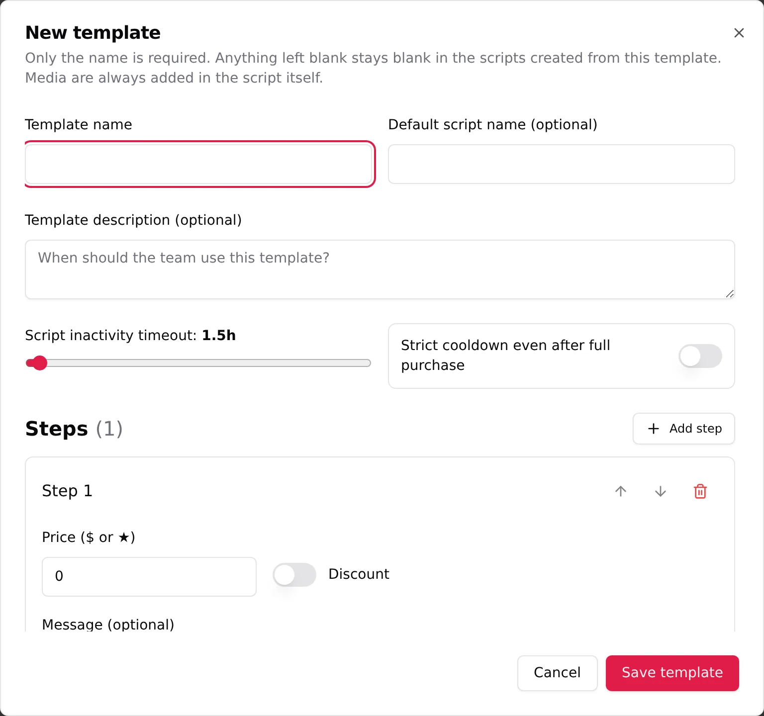 The New template form with name, description, timeout, the strict cooldown toggle and the first step fields