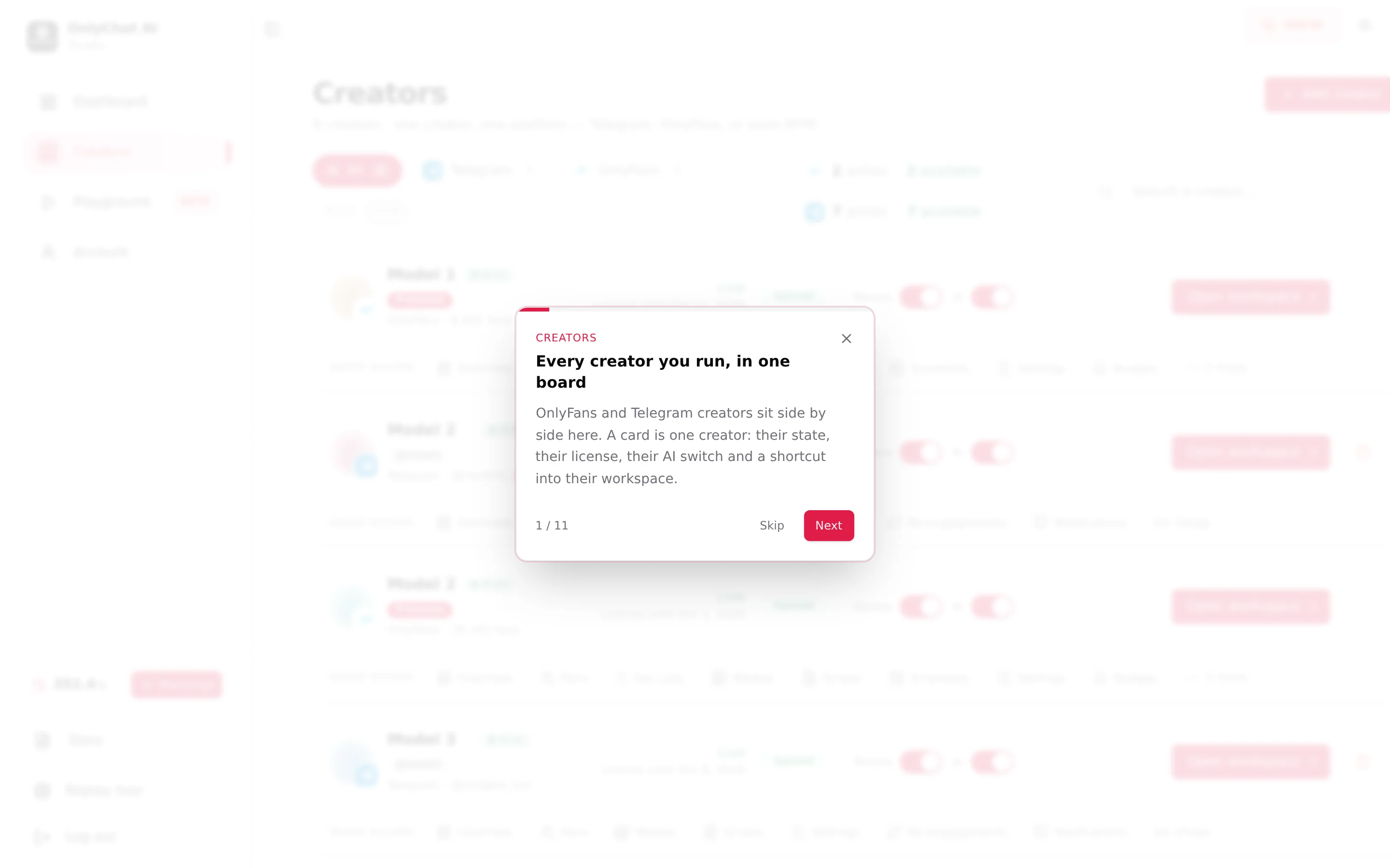 A guided tour card on the Creators board, step 1 of 11, with Skip and Next