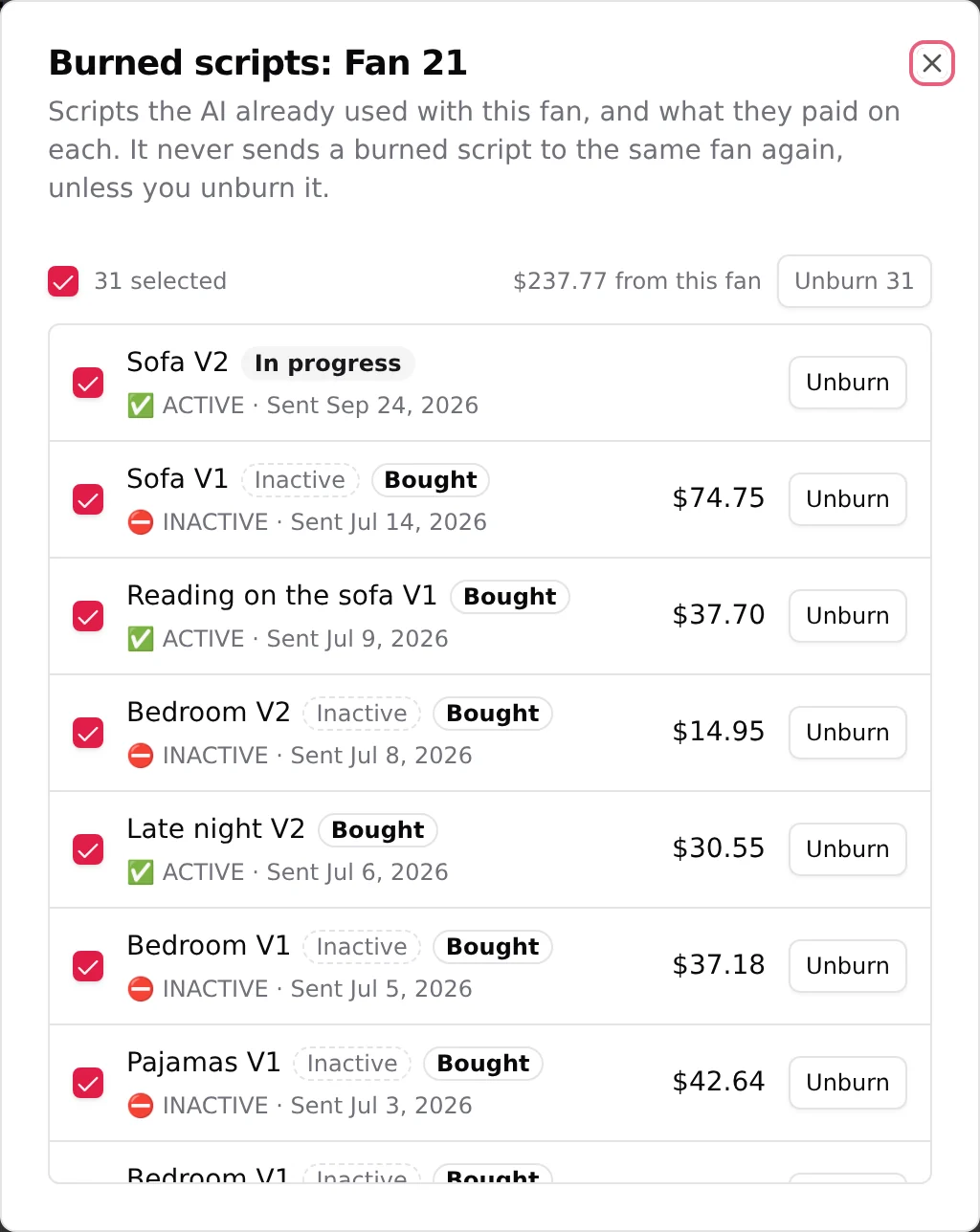 The Burned scripts modal with Select all ticked, showing N selected and the Unburn N button