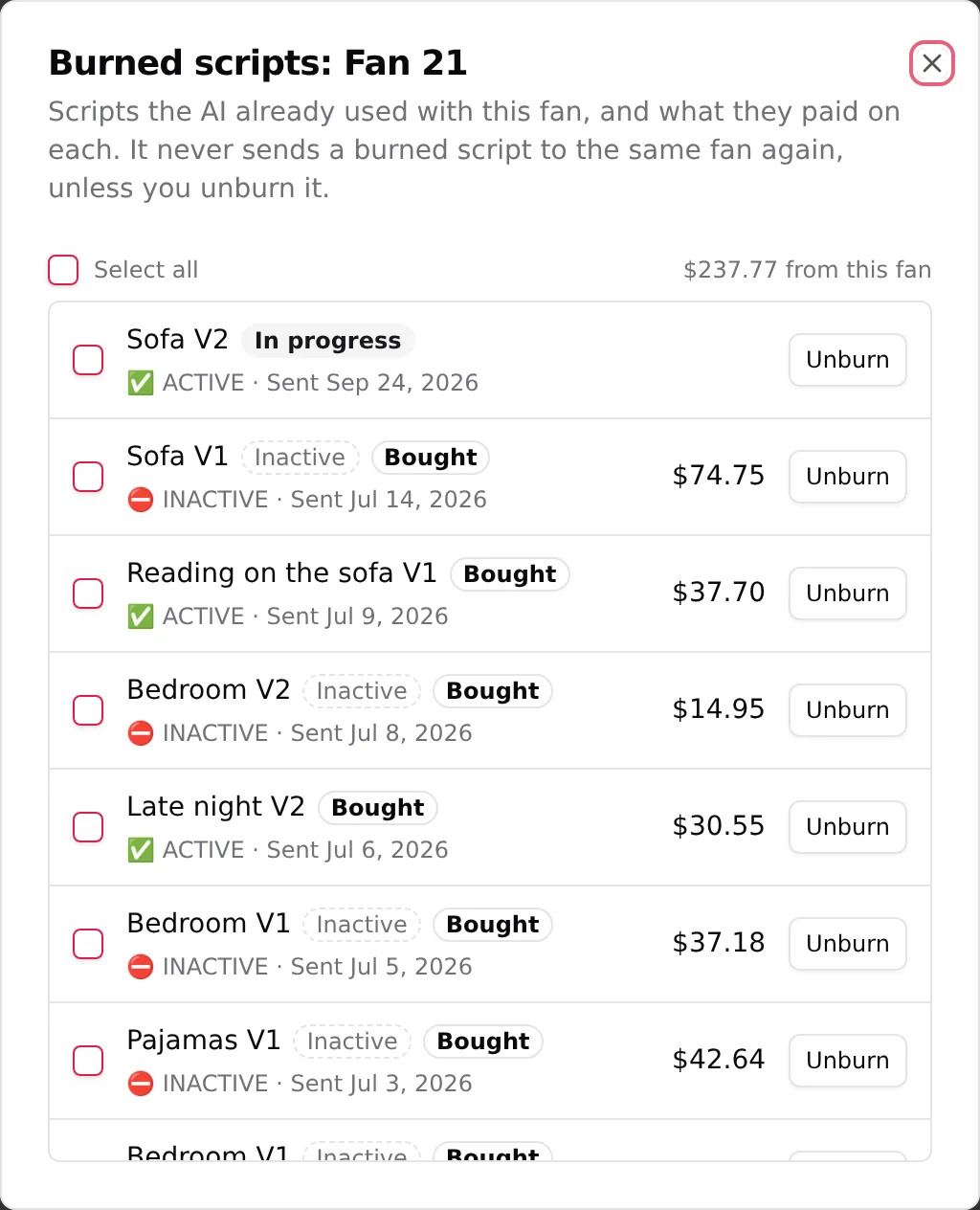 The Burned scripts modal: one row per script, with Bought, the amount paid, the status, the date it was sent, and an Unburn button