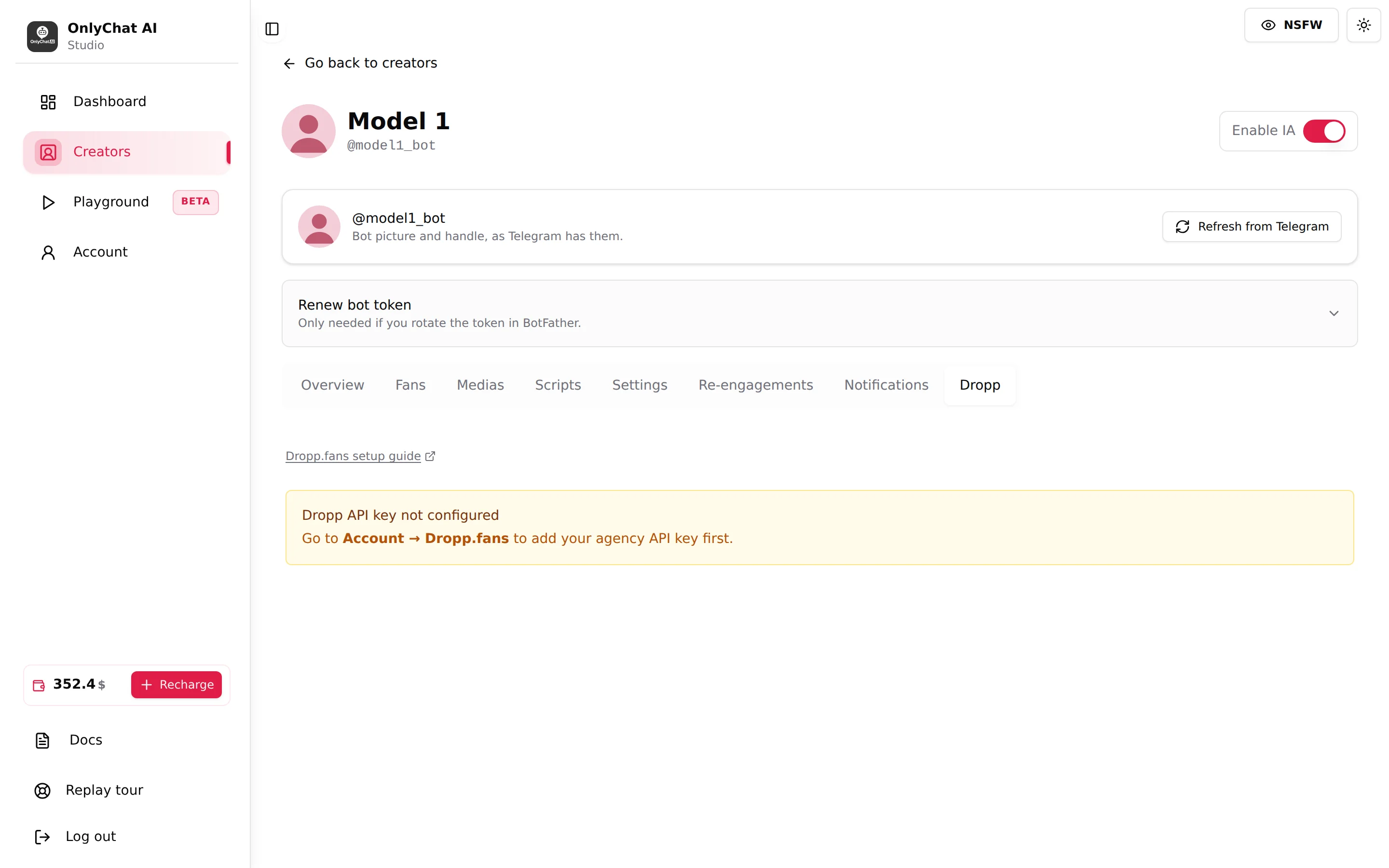 Dropp tab of a Telegram creator showing the guard banner Dropp API key not configured