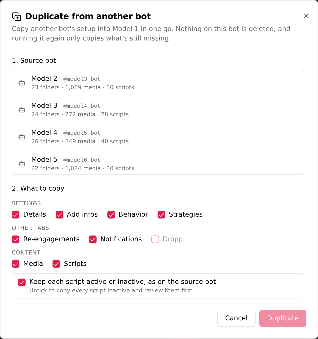 The Duplicate from another bot modal with the source bot list and the what-to-copy checkboxes