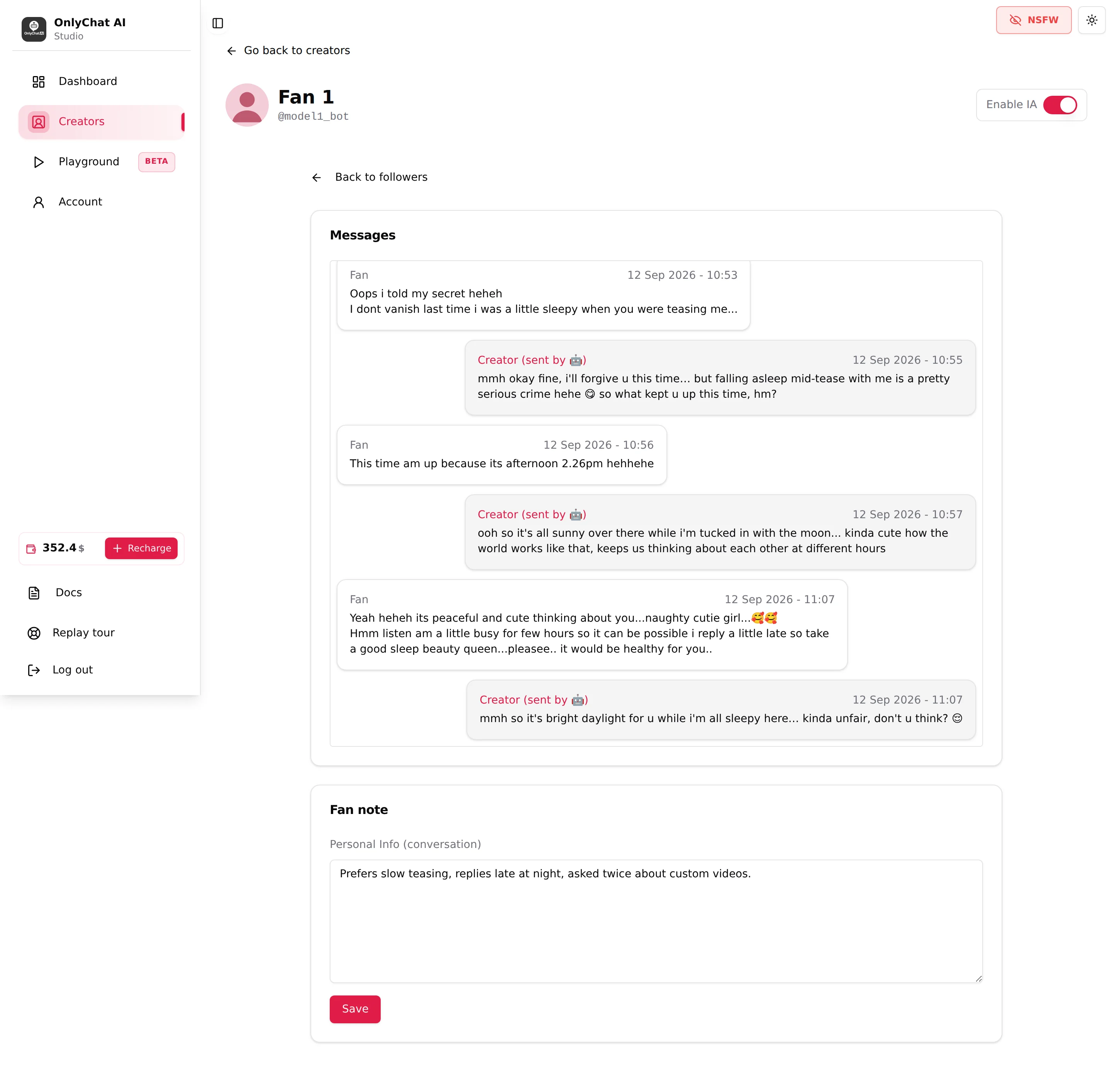 A Telegram fan conversation with the Fan note card under the messages