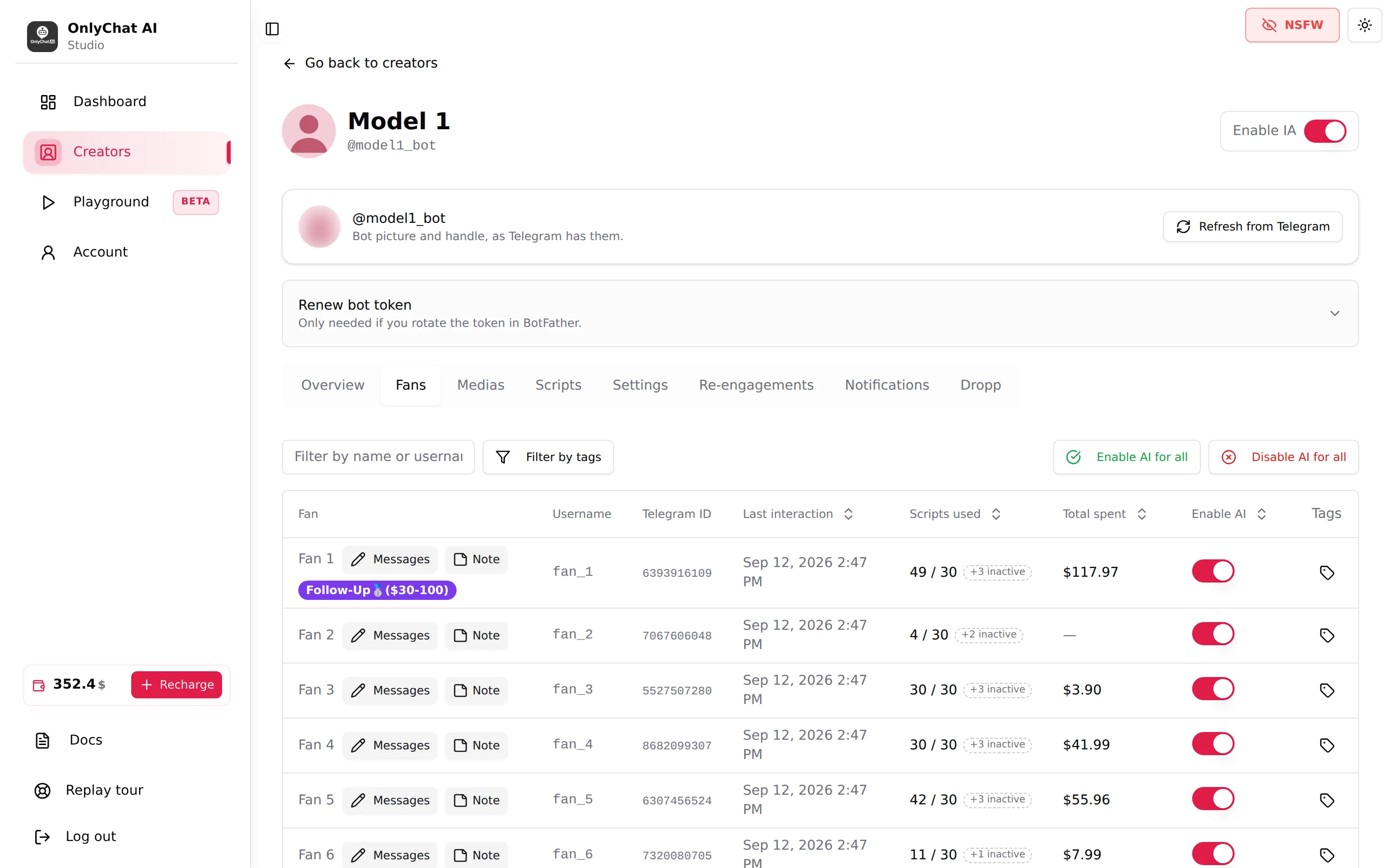 Fans tab of a Telegram creator with toolbar and table