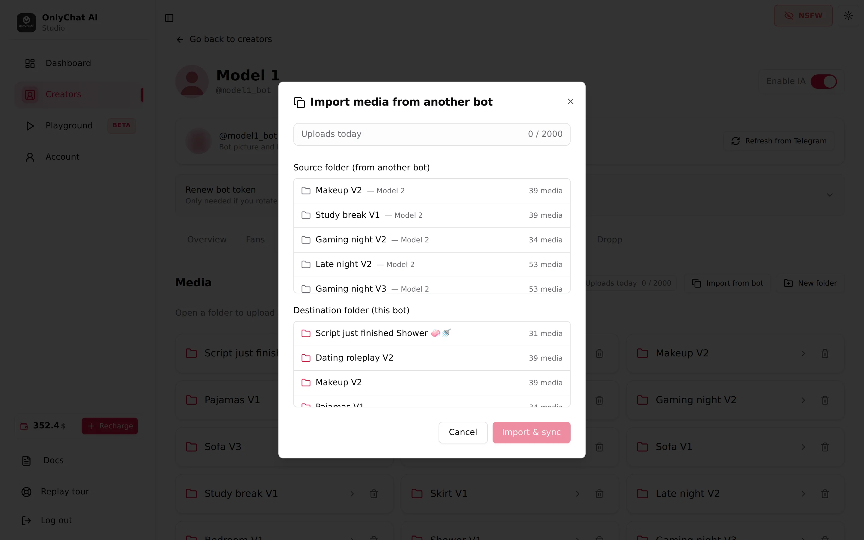 The Import media from another bot modal with the source folder and destination folder selectors