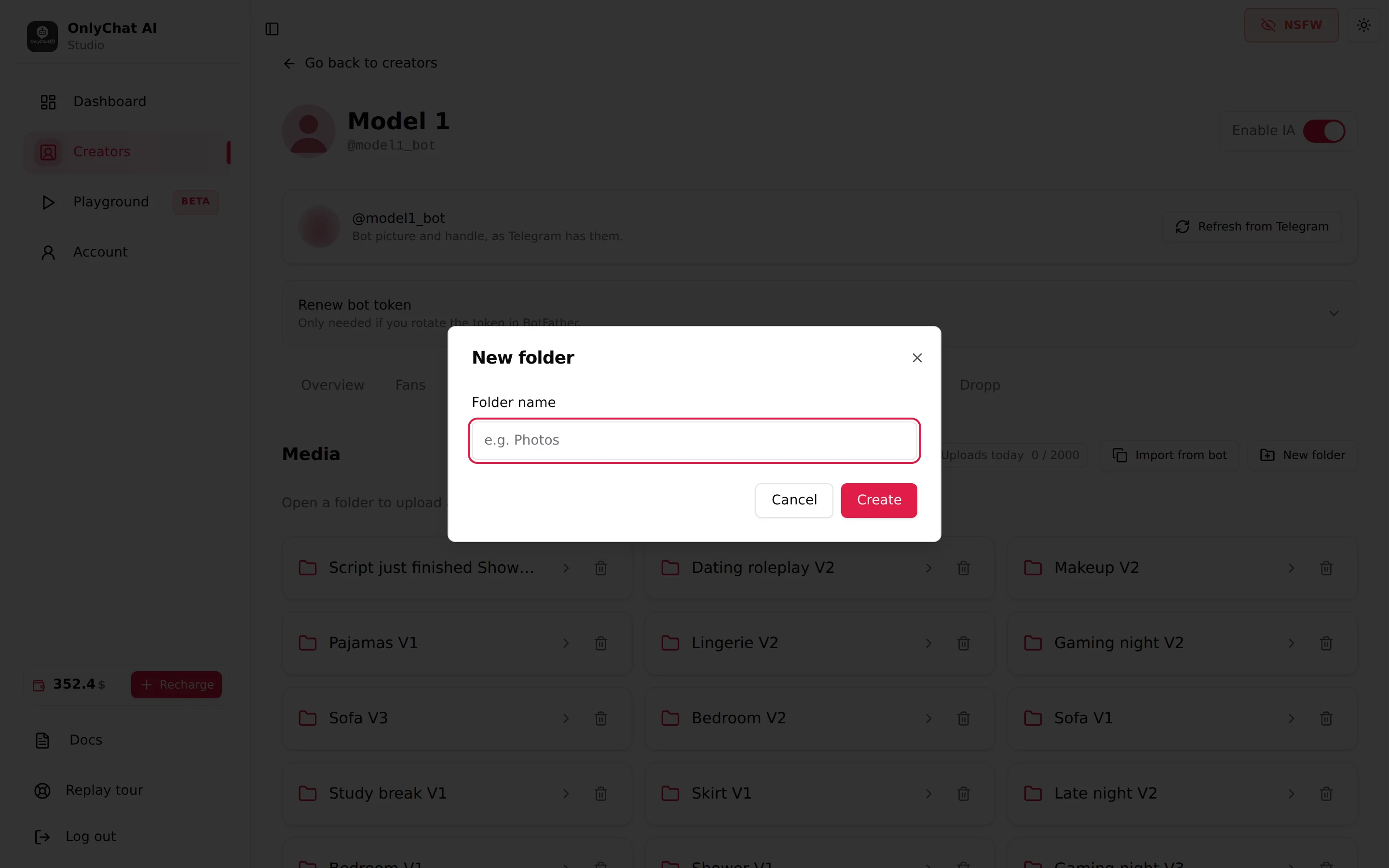 The New folder modal on the Medias tab of the destination creator