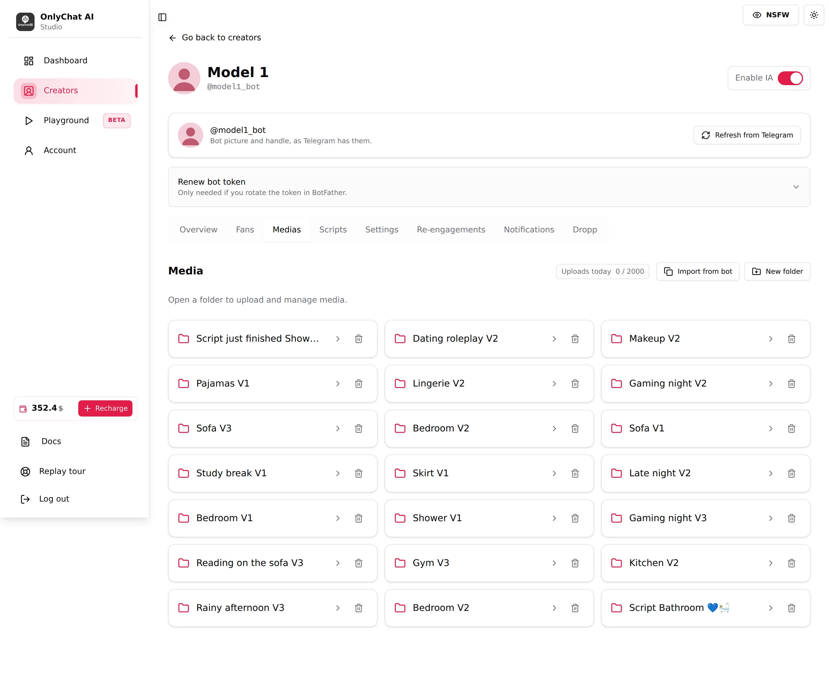 Medias tab of a Telegram creator with folders