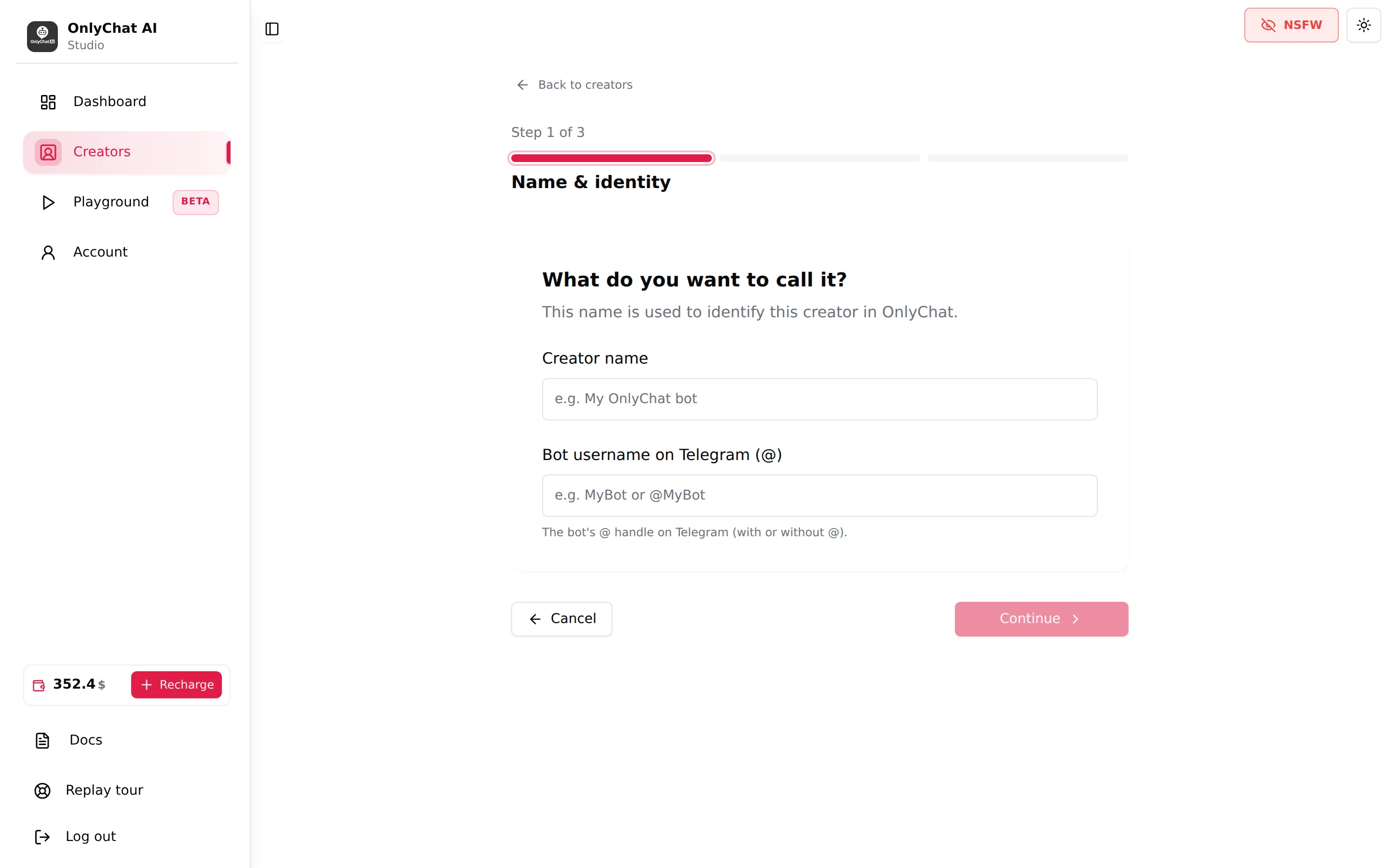 Add Telegram creator wizard, step 1 Name and identity with Creator name and Bot username fields