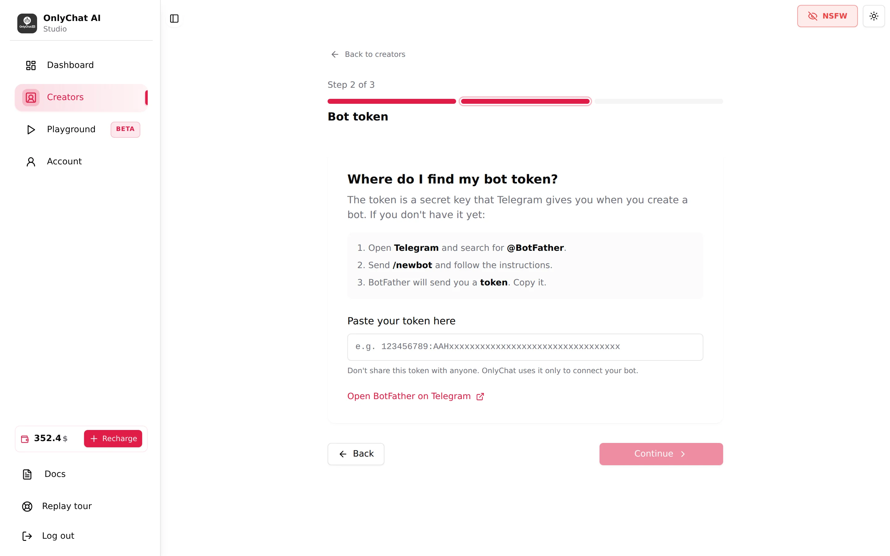 Étape 2 de l'assistant avec le champ du token et l'encadré d'aide