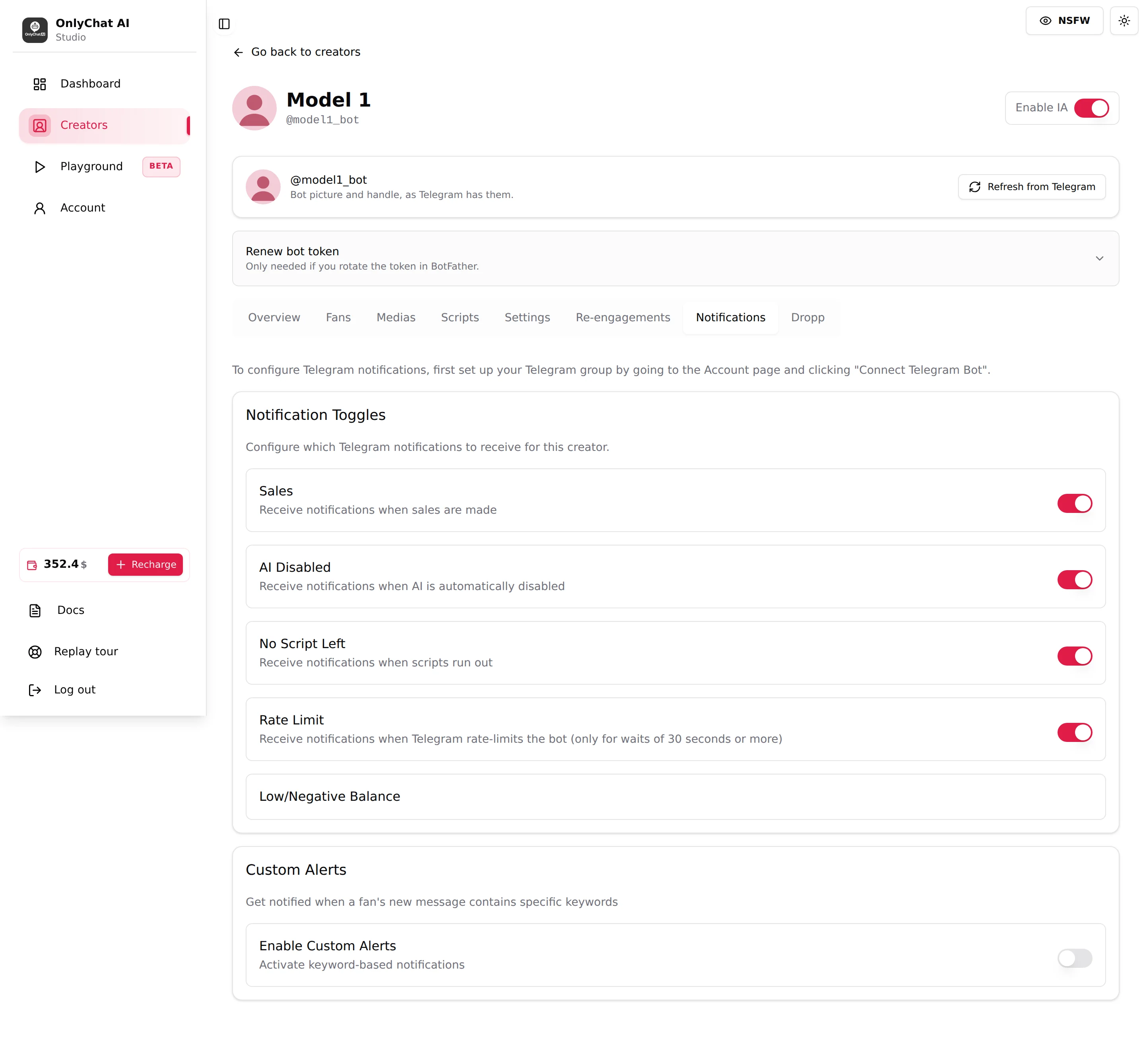 Notifications tab of a Telegram creator with the toggles and Custom Alerts