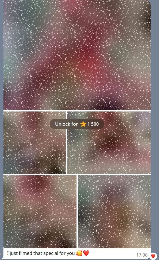 A locked, blurred photo album in a Telegram chat with an Unlock for 1500 Stars overlay and the creator's caption below