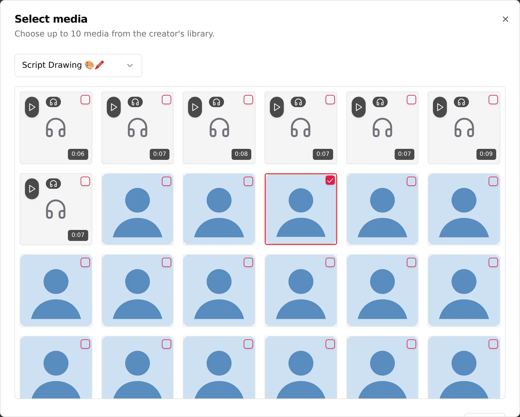 The Select media picker showing the creator's library with one photo selected