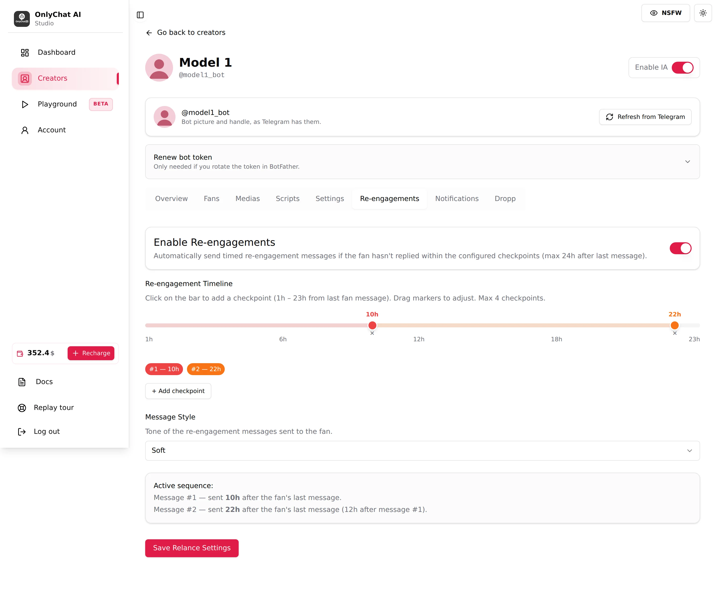 Re-engagements tab with the enable switch, the timeline, the message style and the active sequence