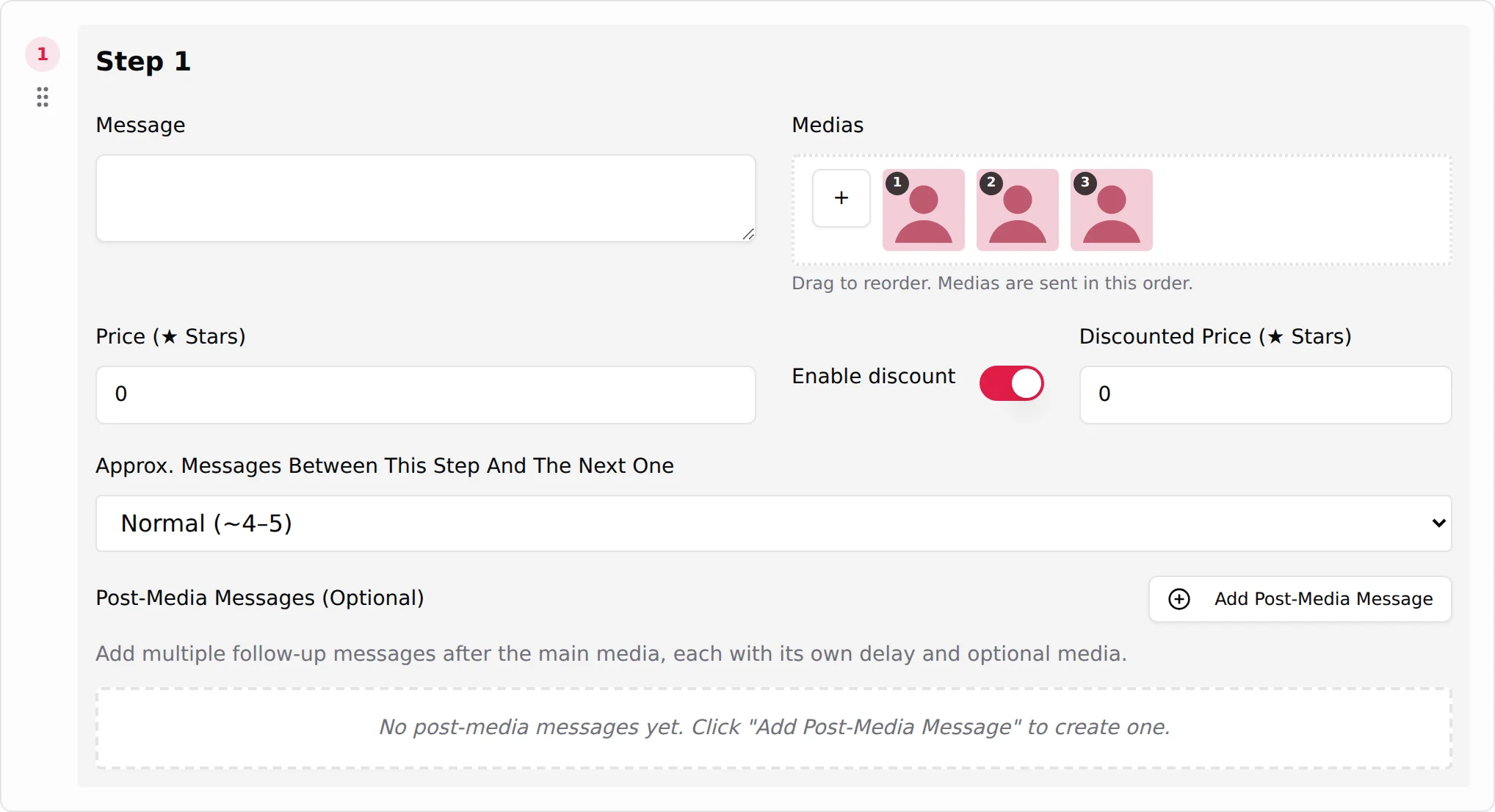 A step card with three media attached, numbered 1, 2 and 3, and the hint Drag to reorder, Medias are sent in this order