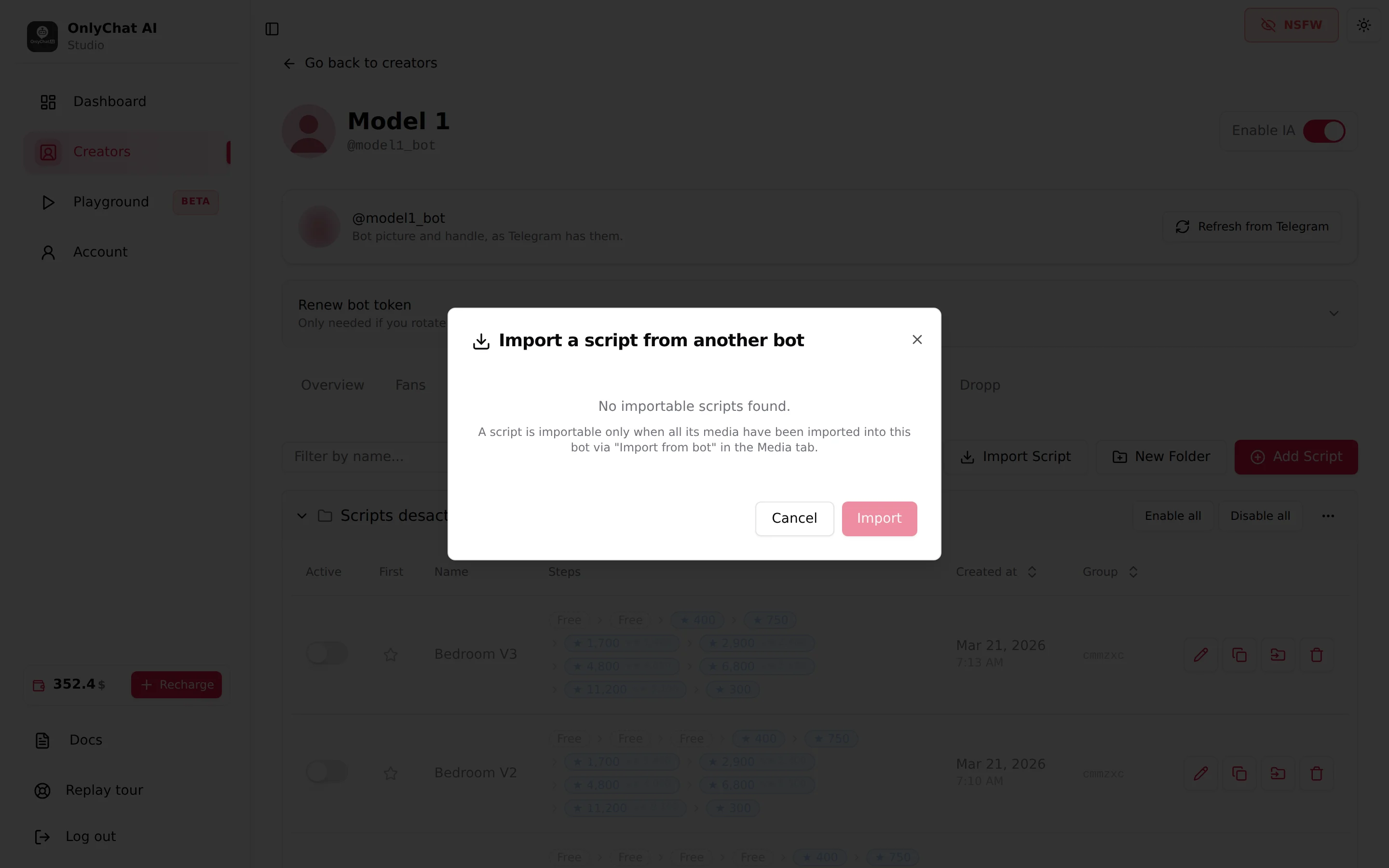 The Import a script from another bot modal, here empty with the message No importable scripts found and the note about importing media first
