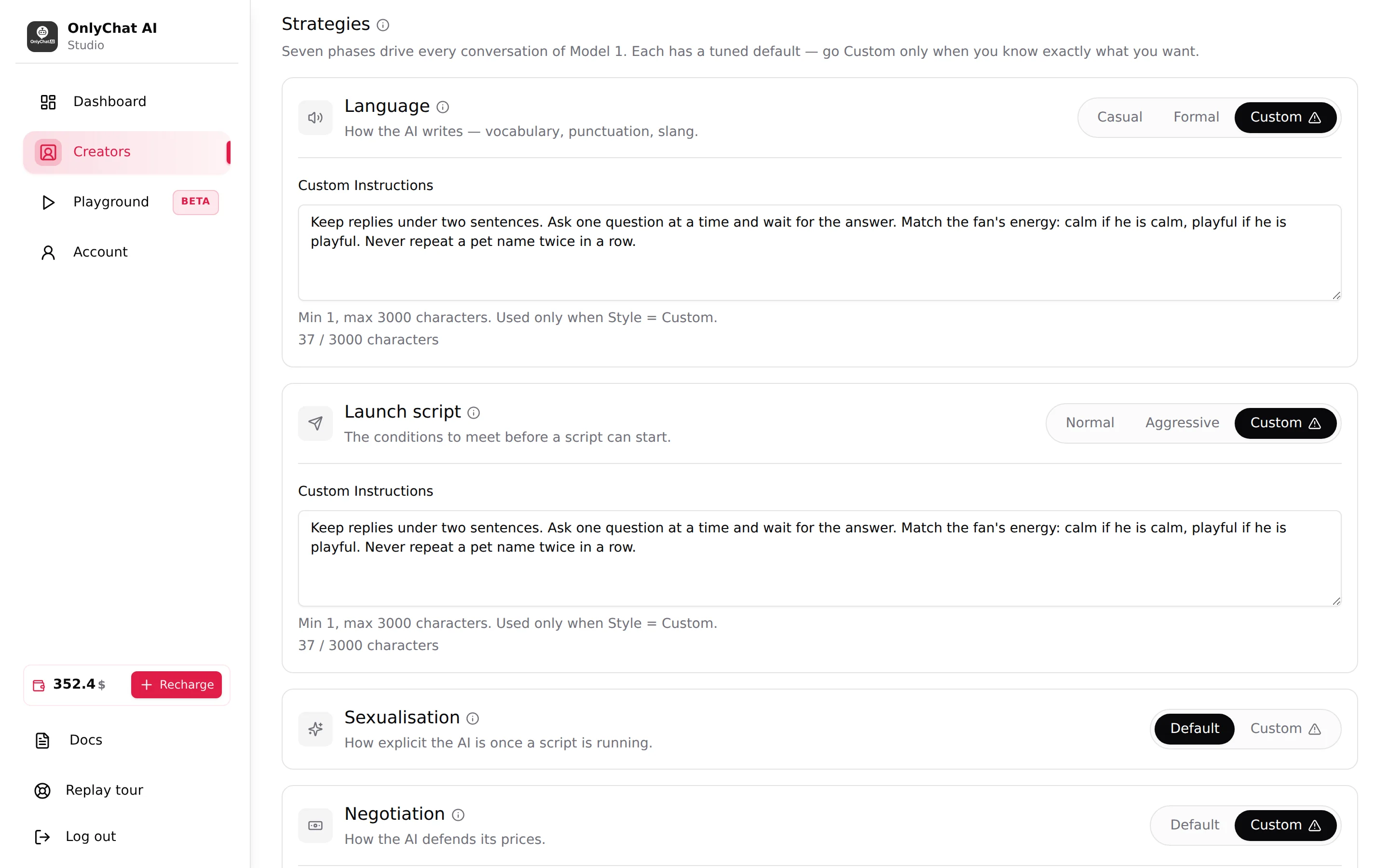 The Strategies sub-tab, heading Seven phases drive every conversation, with the first phase cards, two of them on Custom