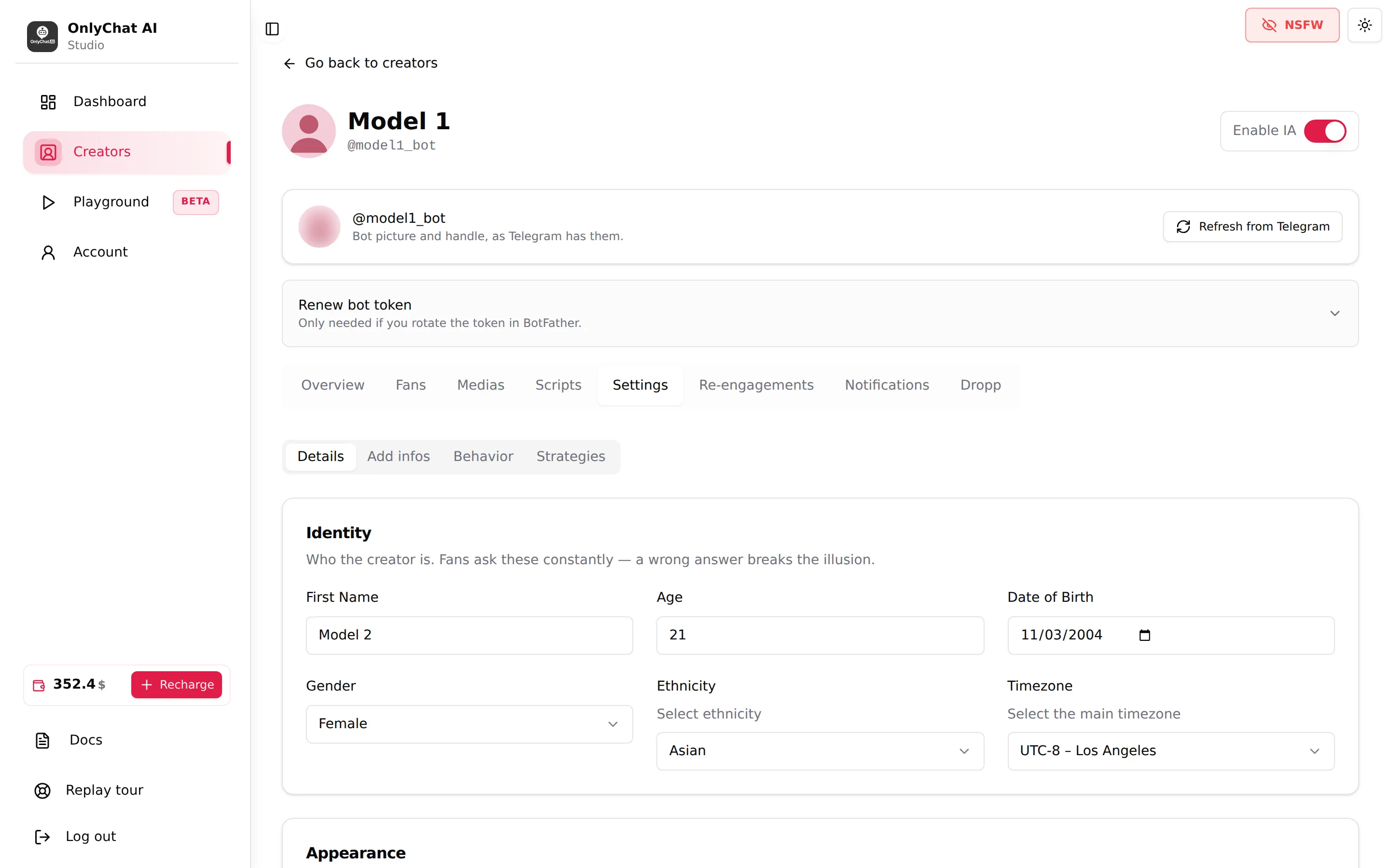The Settings tab of a Telegram creator