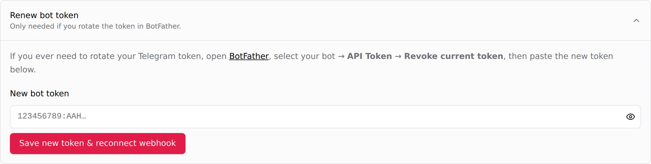 Renew bot token section expanded with the New bot token field and the save button